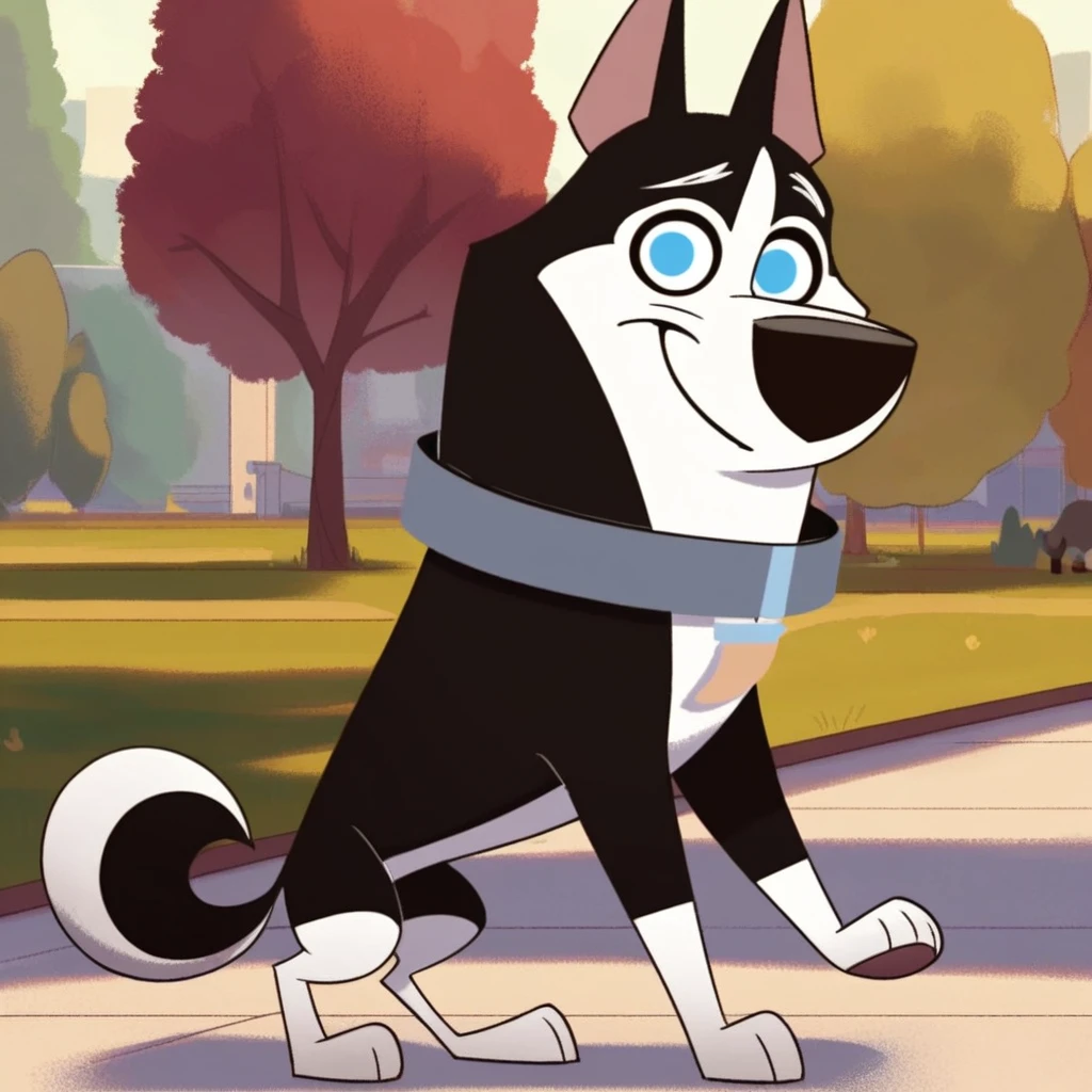 score_9, score_8_up, score_8, score_7, source_cartoon, Hansel(101), solo, 1boy, feral, dog, dog boy, Siberian husky, black and white fur, curved tail, pointed ears, blue eyes, black nose, silver collar, full body, looking at viewer, standing, smiling, eyes half closed, park setting,