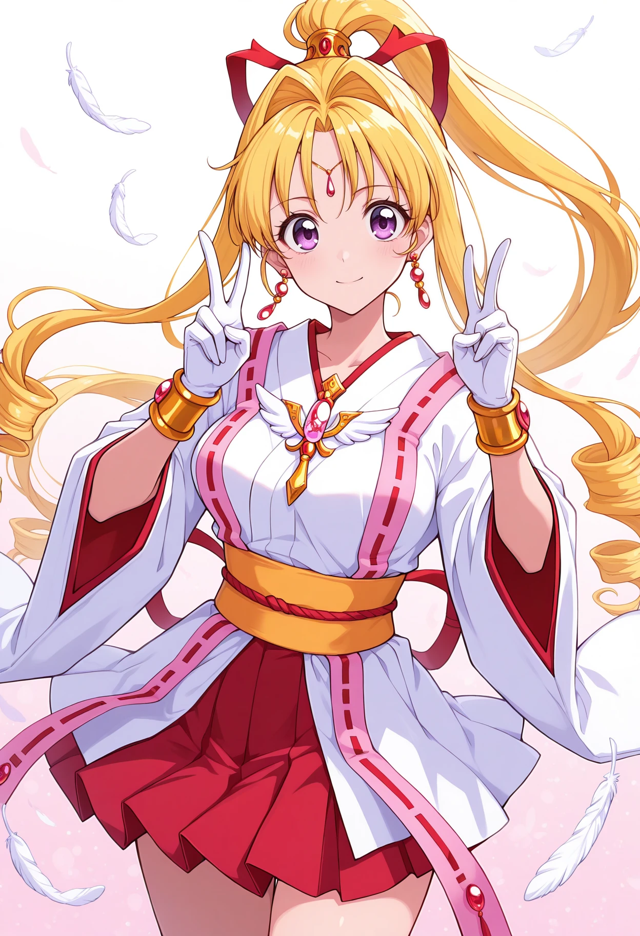 masterpiece,best quality, kkjeanne, 1girl, magical girl,  blonde hair, forehead jewel, white gloves, drill hair, high ponytail, long hair, red ribbon, earrings, red skirt, purple eyes, bracelet, wide sleeves, sash, abstract background, feathers, peace sign, double v,  looking at viewer,  japanese clothes, hair intakes,<lora:kmaron:1>, cowboy shot,