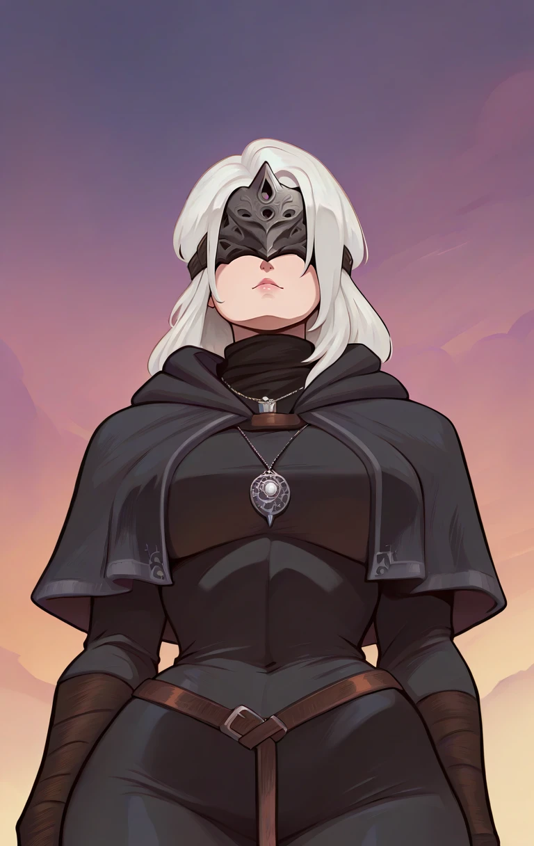 masterpiece,best quality,high quality,anime,solo,<lora:FireKeepersIL-10:1>,FireKeepersSDXL,1girl,solo,long hair,white hair,black dress,jewelry,necklace,capelet,mask,cloak,blindfold,covered eyes,eye mask,from below,fantasy background,