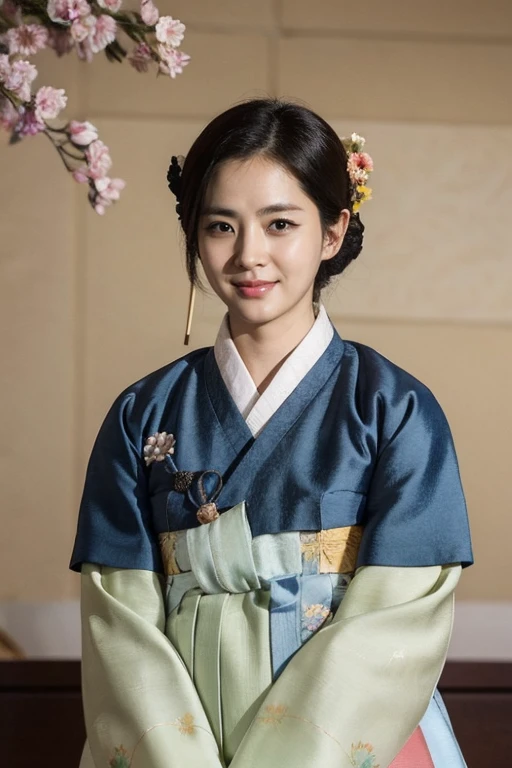 1girl, solo, looking at viewer, smile, short hair, black hair, hair ornament, long sleeves, dress, brown eyes, closed mouth, upper body, hair bun, black eyes, lips, chinese clothes, floral print, single hair bun, hairpin, realistic, nose, korean text, hair stick, korean clothes, traditional clothes, hanbok, realistic potrait,