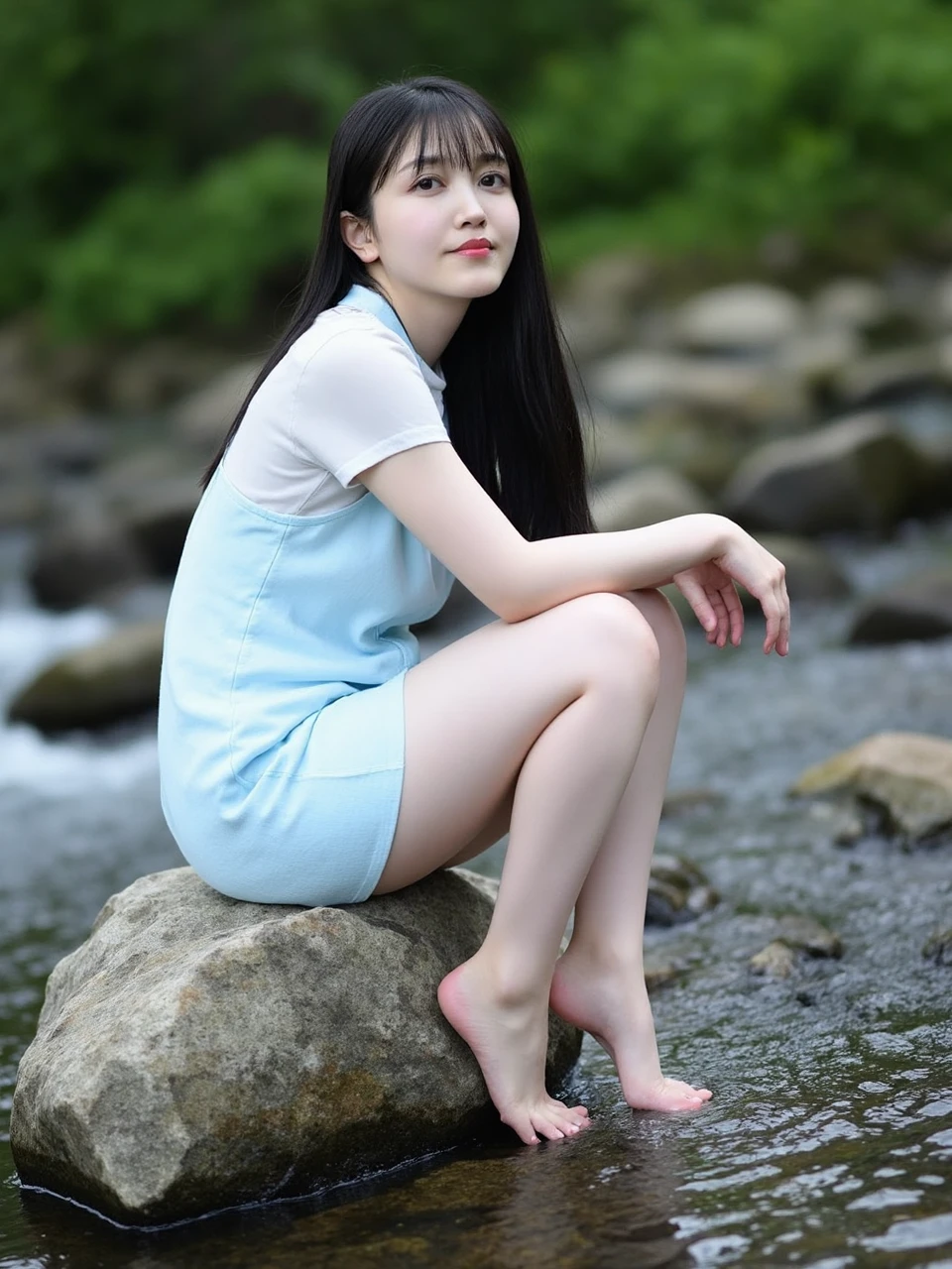 a young woman named kuboshi sitting on a rock in a stream. She has long dark hair and bangs. She's barefoot, and her feet are clean and well-maintained. She was wearing a light blue Sleeveless shirt, The clothing has high transparency, allowing the skin to be seen. She faced the camera with a playful expression. 
﻿
Beautiful fingers. Soft lighting. 