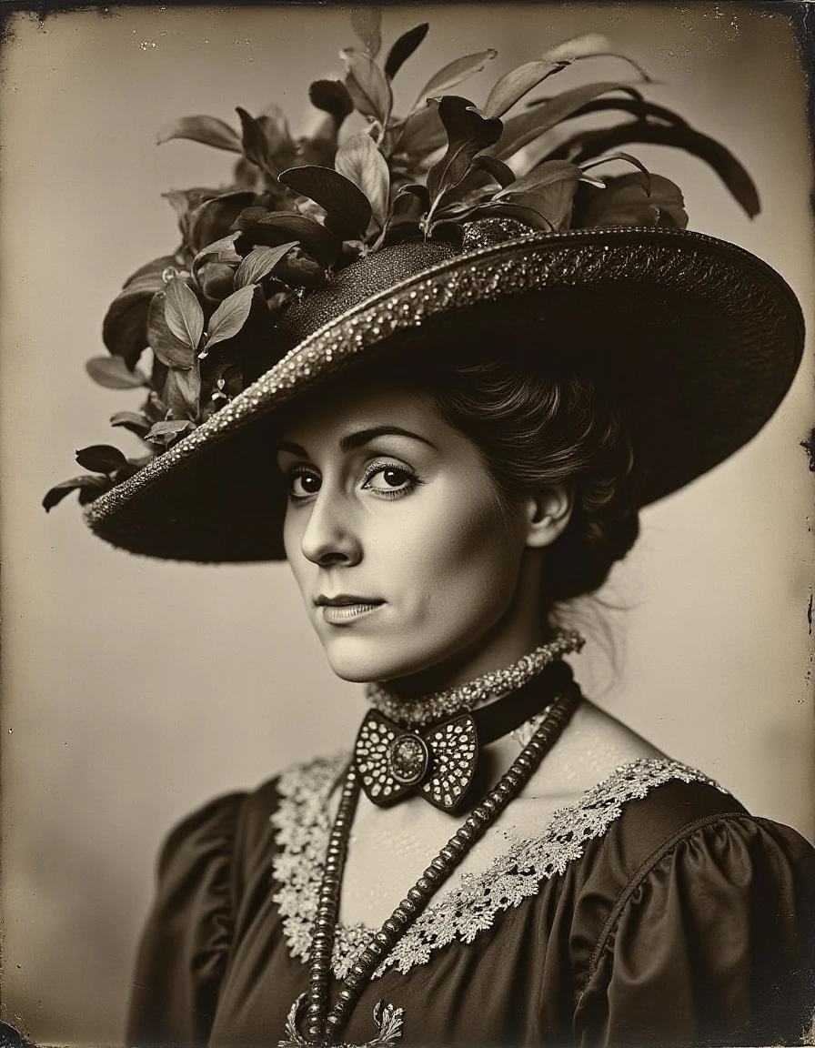 <lora:judith-light-flux:1> daguerreotype festive portrait wearing a large fancy ornate hat with feathers and leaves