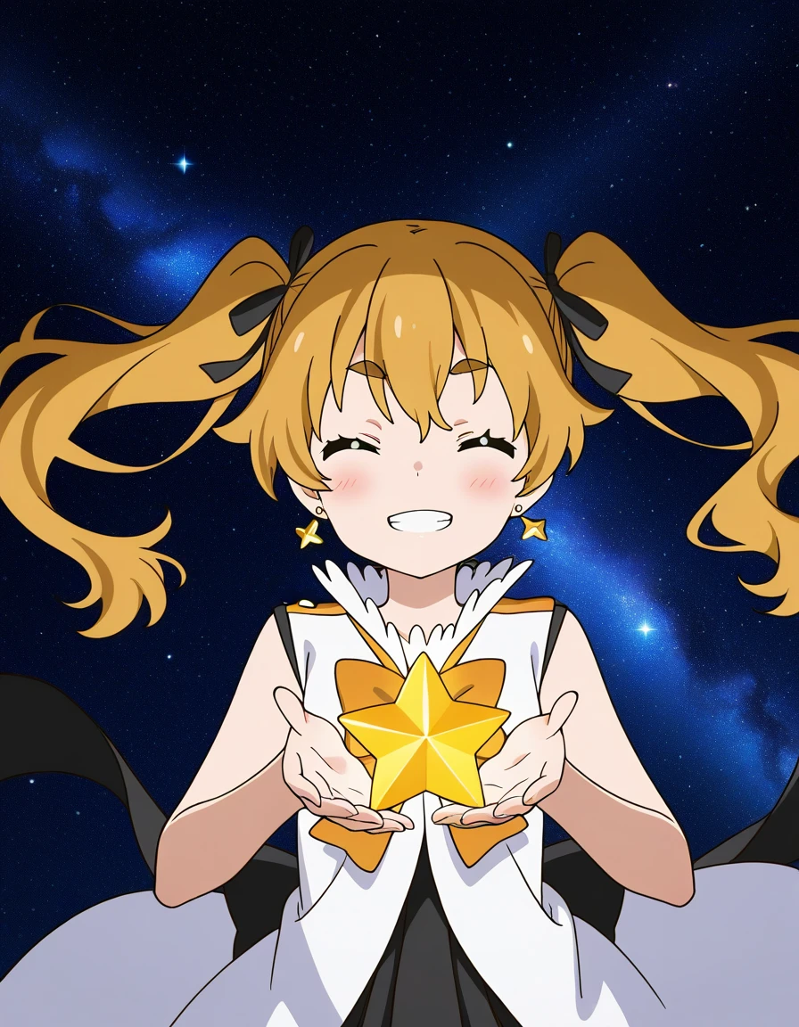 general,highres, ultra-detailed,very aesthetic,best quality ,best hands,  BREAK  <lora:Hikaru_Houkago_no_Pleiades_IS:1> Hikaru(Pleiades), 1girl,solo, twintails, blonde hair, yellow eyes,long hair, hair ribbon, 
closed eyes, smile, earrings, jewelry, grin, star (symbol), brown hair, ribbon, space, bow
galaxy, star,