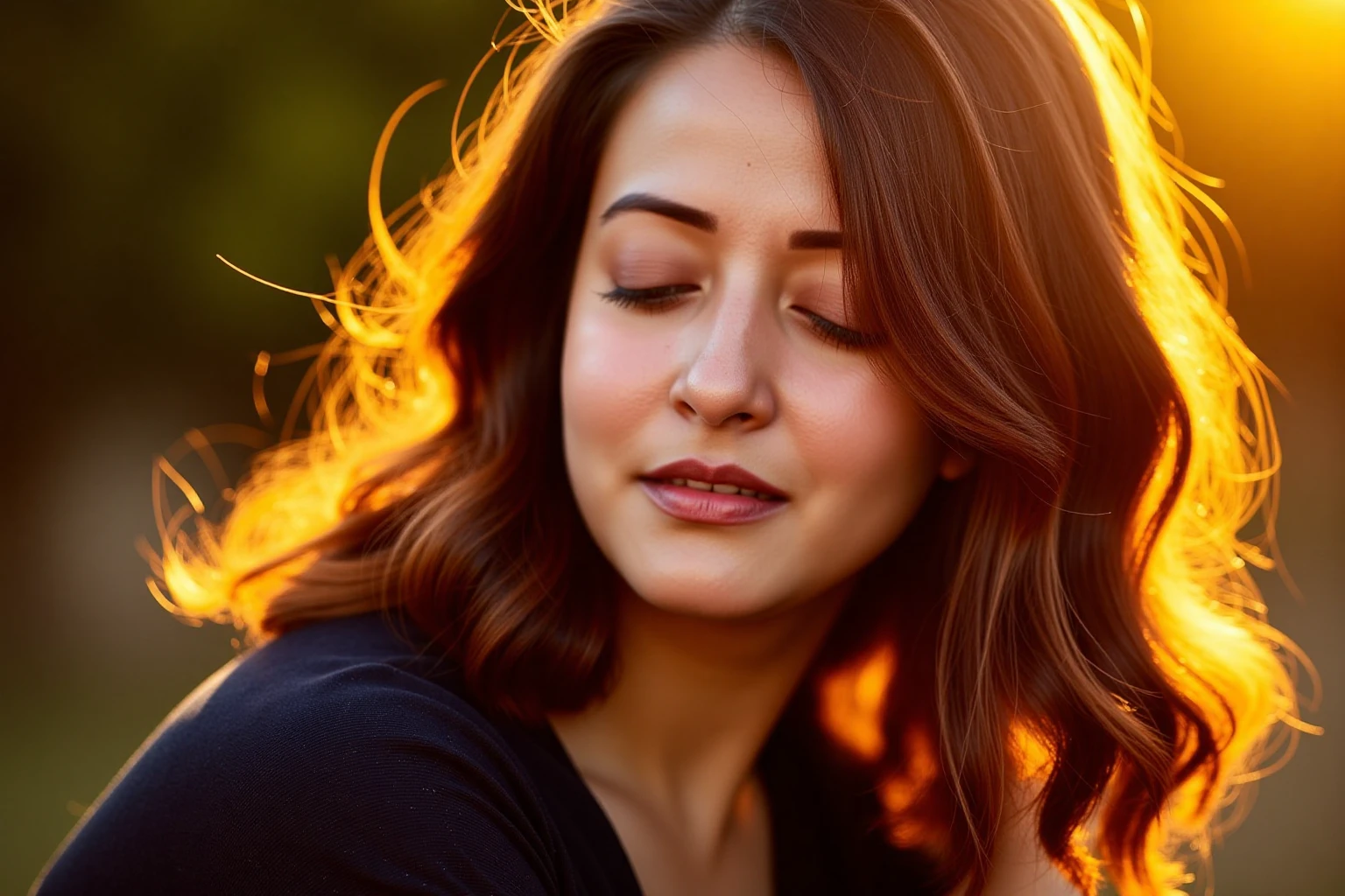 Close-up portrait of raimasenukohwx  with medium-length hair, styled in loose waves with a side part.  Soft, warm lighting emphasizes the face, creating a golden glow.  The subject's expression is contemplative and serene; eyes are closed, offering an introspective mood. Light golden highlights in the hair add dimension and depth.  The woman appears to be in her late teens or early twenties with fair skin and natural features. She is wearing a dark top/shirt, likely black or navy, featuring a soft, smooth texture.  The background is intentionally blurred, with a bokeh effect of darker tones, creating a dreamy and atmospheric feel, drawing the viewer's attention to the subject.  The light appears to be a warm, golden-hued sunlight, creating lens flare and soft highlights on her face and hair.  A golden ray of light highlights the curve of the face, enhancing the serene mood. This image utilizes a shallow depth of field, emphasizing the subject. The colors are rich and balanced, with the golden light being the dominant visual element.  The overall style is evocative, dreamlike and intimate.  Natural light lens flares and highlights create a romantic, golden tone in the picture.  Soft focus and artistic light effects give an impressionistic quality.  The image's composition draws attention to the woman's face and the interplay of light and shadow, creating an emotional and artistic portrait.
