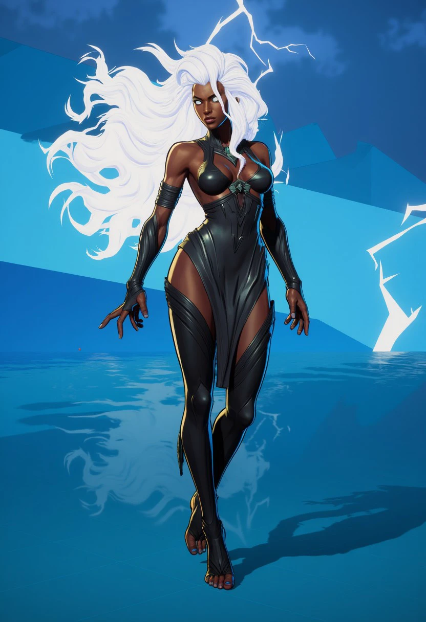 Illustration in style of MarvelRivalsStyle-Flux.V1 of Dark skinned African woman with blank white eyes, and long white hair, floating in air above the ocean with thunderstrom in the background