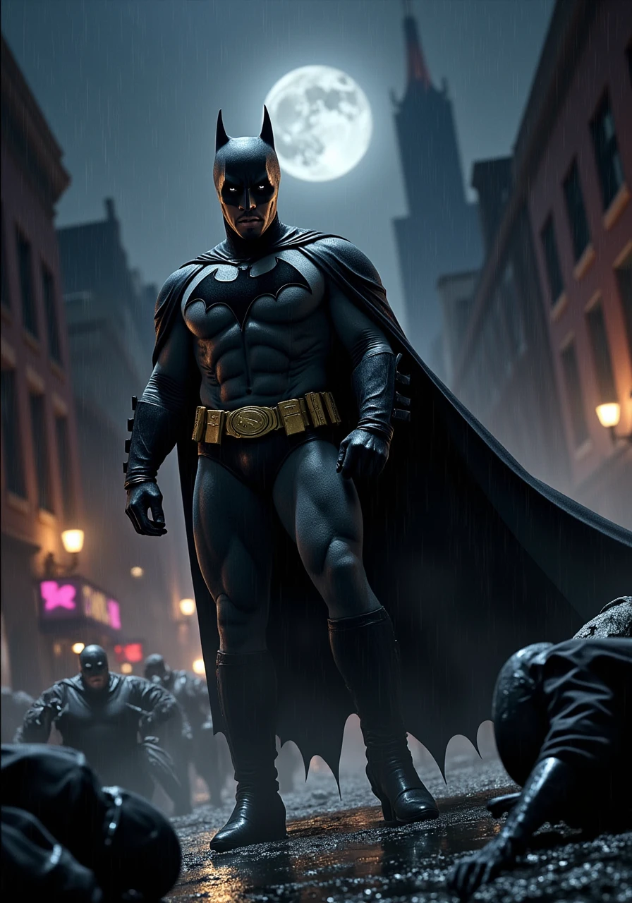 P.Diddy stands tall and imposing as Batman, his silhouette cutting a dramatic figure against the gloomy backdrop of Gotham City. He is clad in the iconic Batsuit—a sleek, black armor with a flowing cape that billows ominously behind him. The Bat-symbol on his chest is a stark contrast, a beacon of hope amidst the darkness.

His face is obscured by the cowl, but his eyes are visible, burning with a fierce determination and a hint of the inner turmoil that drives him. P.Diddy's Batman exudes a sense of unyielding justice and relentless pursuit, his stance both powerful and vigilant.

The setting is a quintessential Gotham City night—dark, rain-soaked streets reflect the neon lights of seedy bars and rundown buildings. The air is thick with a palpable sense of danger and corruption. Tall, gothic skyscrapers loom in the background, their silhouettes piercing the smoky, moonlit sky. The cityscape is a blend of art deco and industrial decay, with steam rising from manholes and shadows lurking in every alley.

In the foreground, a crime scene unfolds. A group of thugs, dressed in tattered clothes and wielding an assortment of weapons, are frozen in fear as Batman approaches. Their expressions range from shock to terror, knowing that justice is about to be served. The street is littered with debris—broken glass, discarded newspapers, and the remnants of a recent struggle.

The atmosphere is heavy with the tension of a city on the brink. The distant wail of police sirens and the occasional flash of lightning add to the dramatic and ominous mood. The rain falls in a steady drizzle, casting a glistening sheen on the wet pavement and reflecting the harsh, flickering lights of the city.

P.Diddy's Batman is the embodiment of Gotham's dark protector, his presence a stark reminder of the constant battle against crime and corruption. His stern and unyielding gaze conveys a sense of unwavering resolve, ready to face whatever dangers lurk in the shadows of the city.

This prompt should help generate a vivid and detailed image of P.Diddy as Batman, capturing the dark, gritty, and noir atmosphere of Gotham City, with a focus on his stern and formidable presence

P.Diddy 