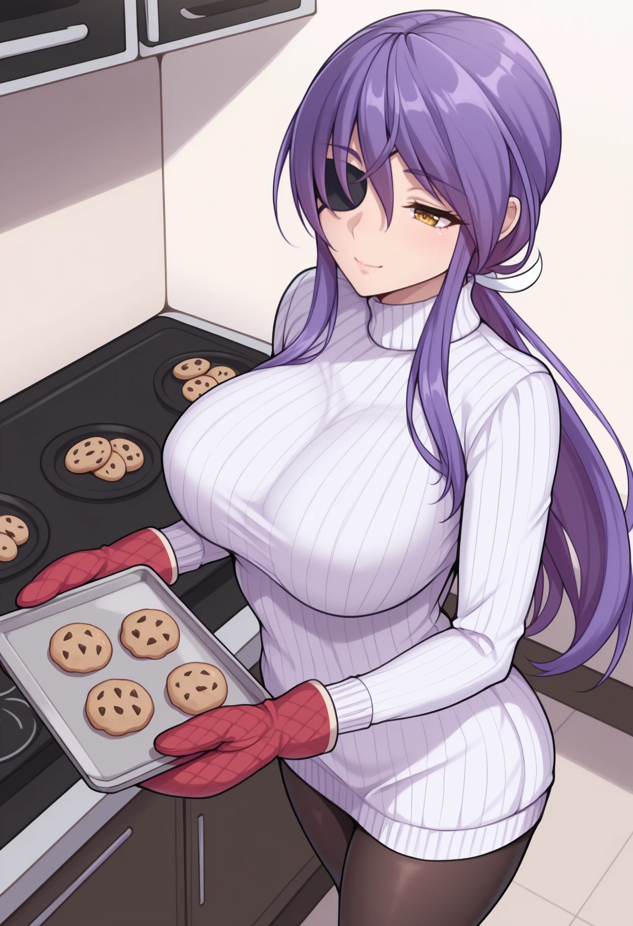 masterpiece, best quality, solo, 1girl, shiki reika, slight smile, looking at food, standing, holding tray, cookie, long hair, purple hair, ponytail, yellow eyes, eyepatch, white sweater, sweater dress, ribbed sweater, turtleneck, long sleeves, oven mitts, black pantyhose, large breasts, indoors, kitchen, oven
<segment:yolo-face_yolov8m.pt,0.4,0.5//cid=1>