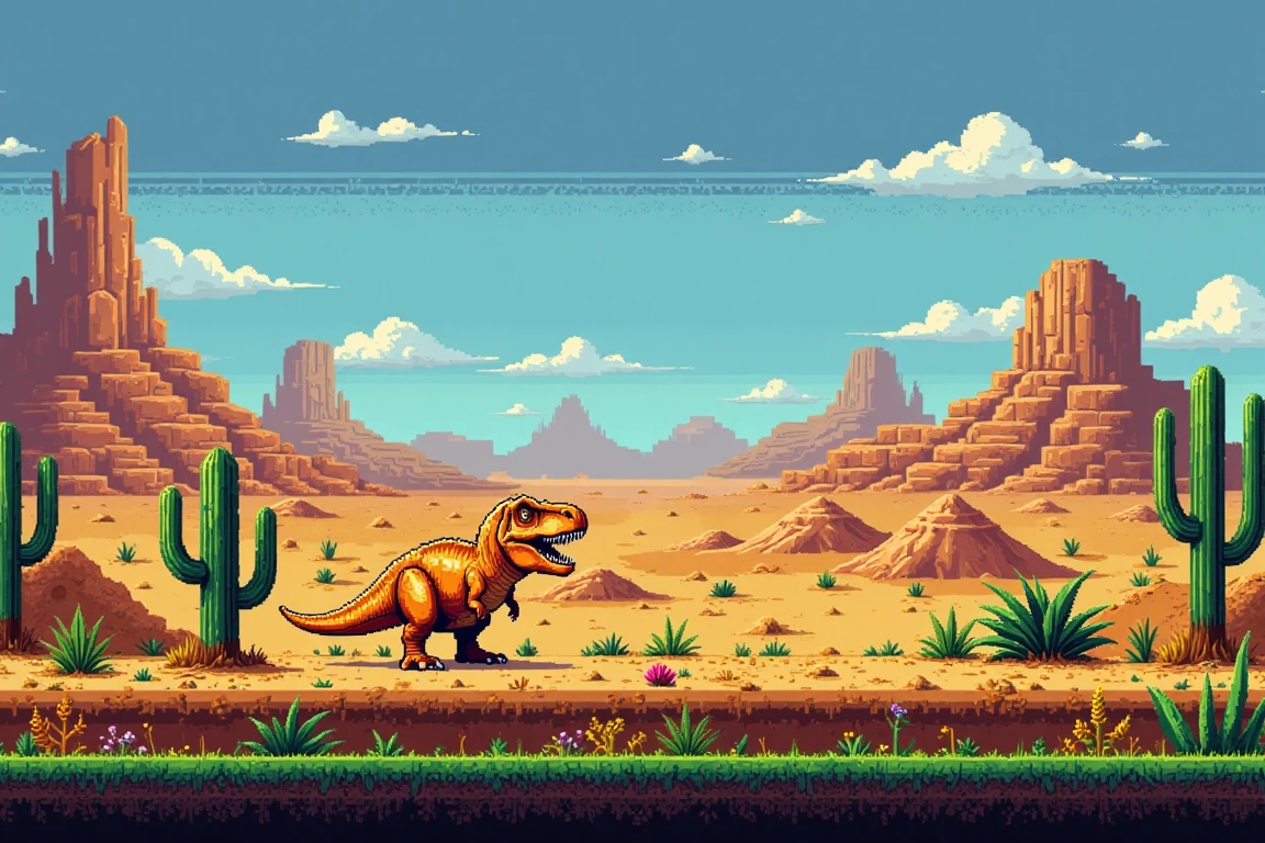 "8-bit pixel art desert level, pixelated sand dunes, cacti in the background, t-rex, retro color palette with warm yellows and browns, bright blue skies with pixelated clouds, classic platformer style."