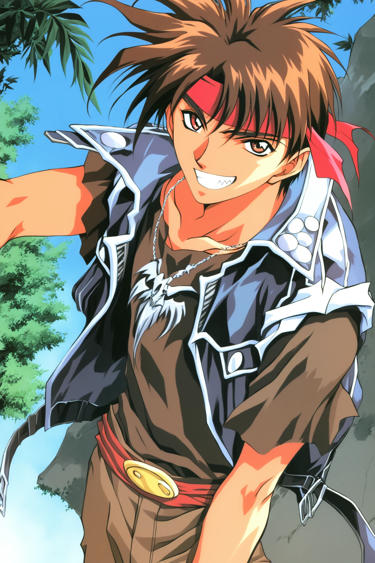 Orphen,1boy,solo,smile,brown hair,headband,grin,jacket,open mouth,1990s \(style\),
<lora:Yuuya Kusaka_illustriousXL:0.8>,