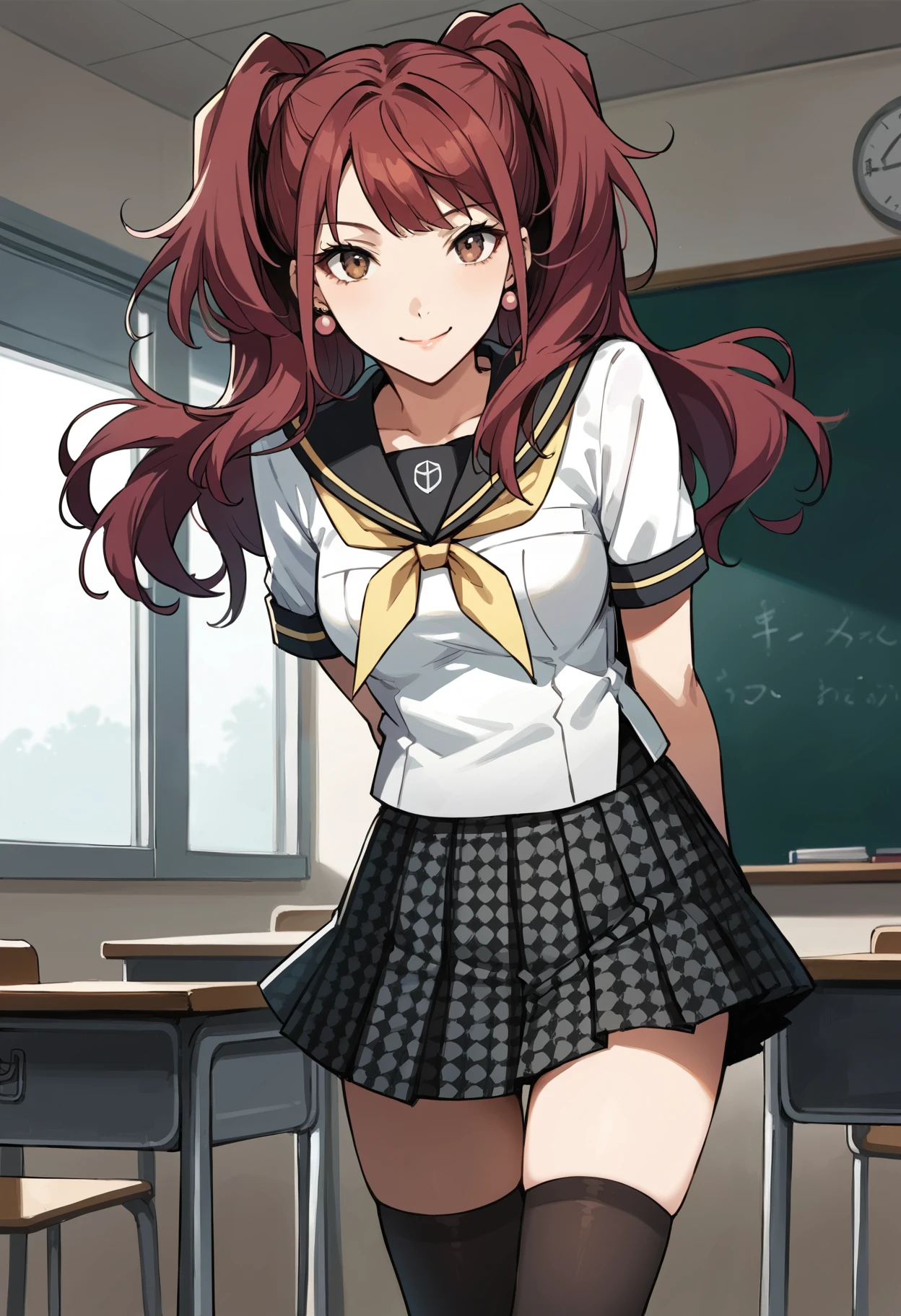 score_9, score_8_up, score_7_up, (source_anime), 1 girl, solo, nsfw, cute face,
p4rise, twintails, kujikawa rise, long hair, red hair, earrings, school uniform, serafuku, yasogami school uniform, skirt, brown eyes, houndstooth skirt, black thighhighs, zettai ryouiki,
looking at you, smile, arms behind back, thighs, 
classroom,
masterpiece, best quality, ultra detailed, absurdres, very aesthetic