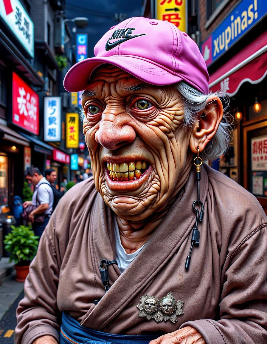 doudou,Hyper-realistic 3D render of a grotesque caricature: elderly woman with exaggerated wrinkles, wearing neon pink Nike cap and disheveled kimono. Her bulbous features, rotting teeth, and voluptuous figure illuminate against dark neon-lit Tokyo alleyway, dramatic rim lighting.<lora:doudouille:1>