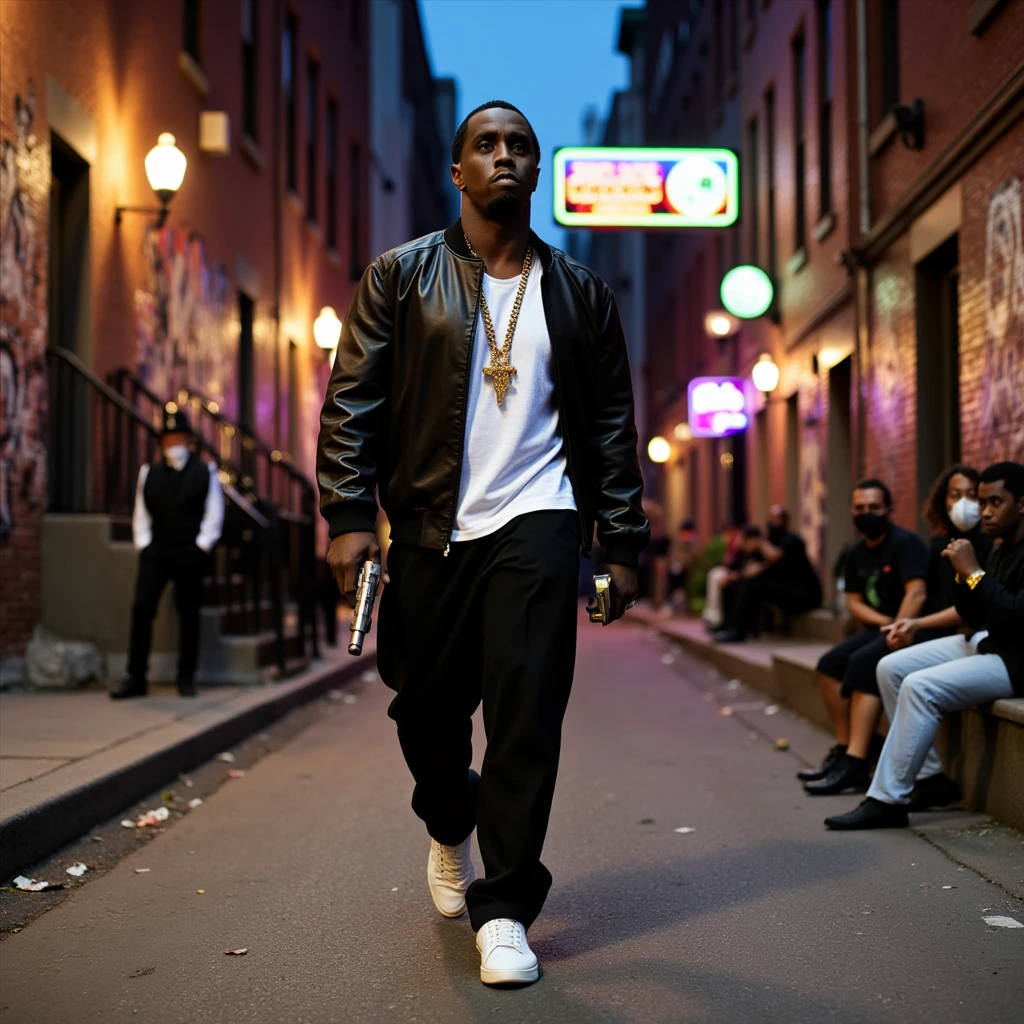 
P.Diddy, dressed in a classic gangster outfit, strides confidently down the gritty streets of Harlem, New York. He wears a black leather jacket, a white tank top, baggy jeans, and a pair of pristine white sneakers. A gold chain hangs around his neck, glinting in the dim streetlights. In his right hand, he holds a polished silver pistol, adding an air of danger and authority.

The backdrop is a vibrant urban landscape filled with graffiti-covered walls. Colorful murals depicting iconic hip-hop figures and abstract designs adorn the brick buildings. The graffiti is intricate and bold, with tags and symbols that tell the story of the neighborhood's rich cultural heritage.

The streets are bustling with life. Old-school boomboxes blast classic hip-hop beats from open windows, and the scent of street food wafts through the air. Locals gather on stoops, watching P.Diddy with a mix of respect and curiosity. Kids play on the sidewalks, their laughter echoing through the alleys.

The atmosphere is a blend of raw energy and urban charm. Neon signs from nearby bodegas and bars cast a warm glow on the pavement. The sky is a deep indigo, with the city lights reflecting off the distant skyscrapers. The scene is a perfect blend of grit and glamour, capturing the essence of Harlem and the iconic figure of P.Diddy as a gangster


P.Diddy 