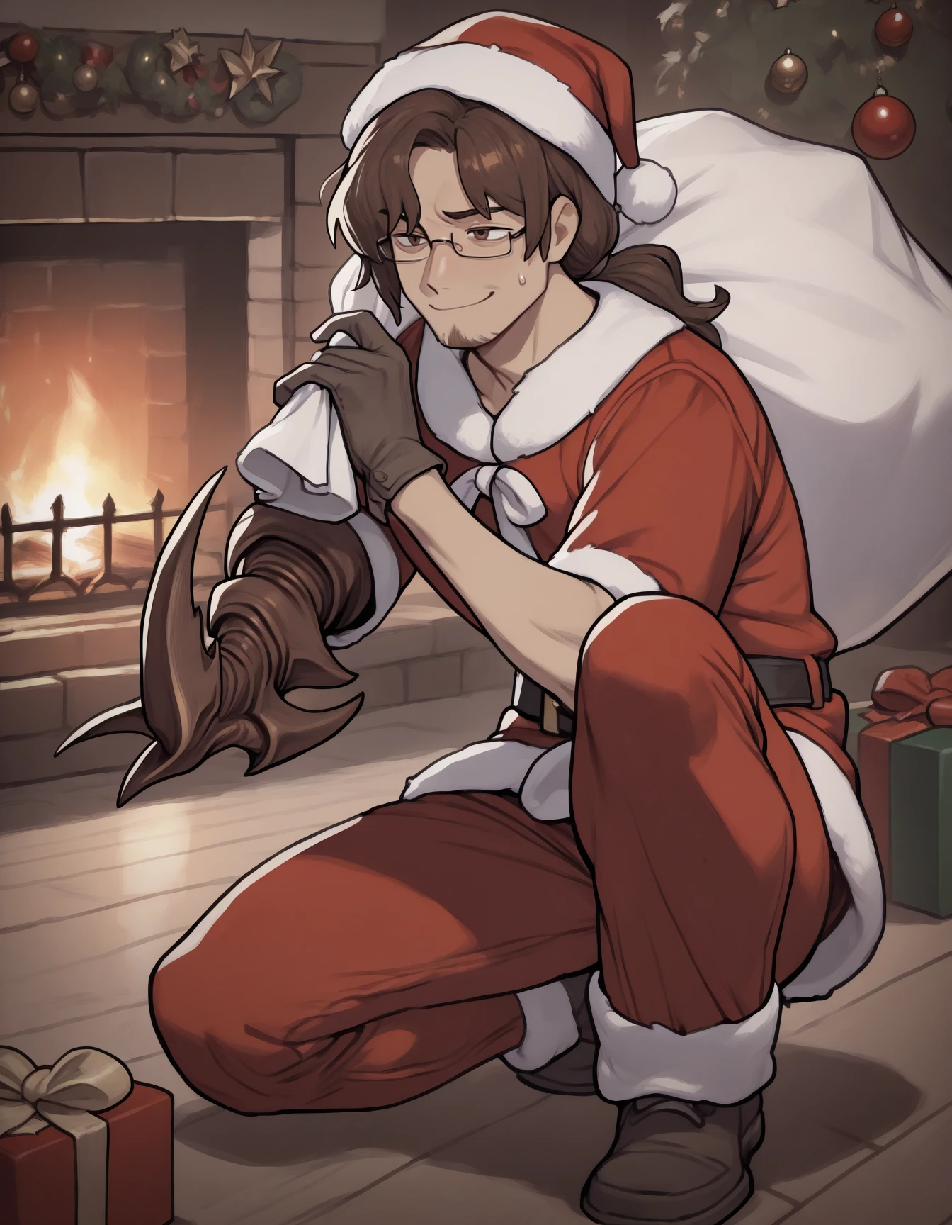 masterpiece, best quality, absurdres, very aesthetic, solo, 1boy, facial hair, long hair, low ponytail,  brown hair, brown eyes, arthropod arm, glasses, christmas, christmas ornaments,  santa costume, santa hat, smile, sweatdrop,  fireplace, holding gift bag, full body,     <lora:gregorlimbus-illu-byananas-v1:1>