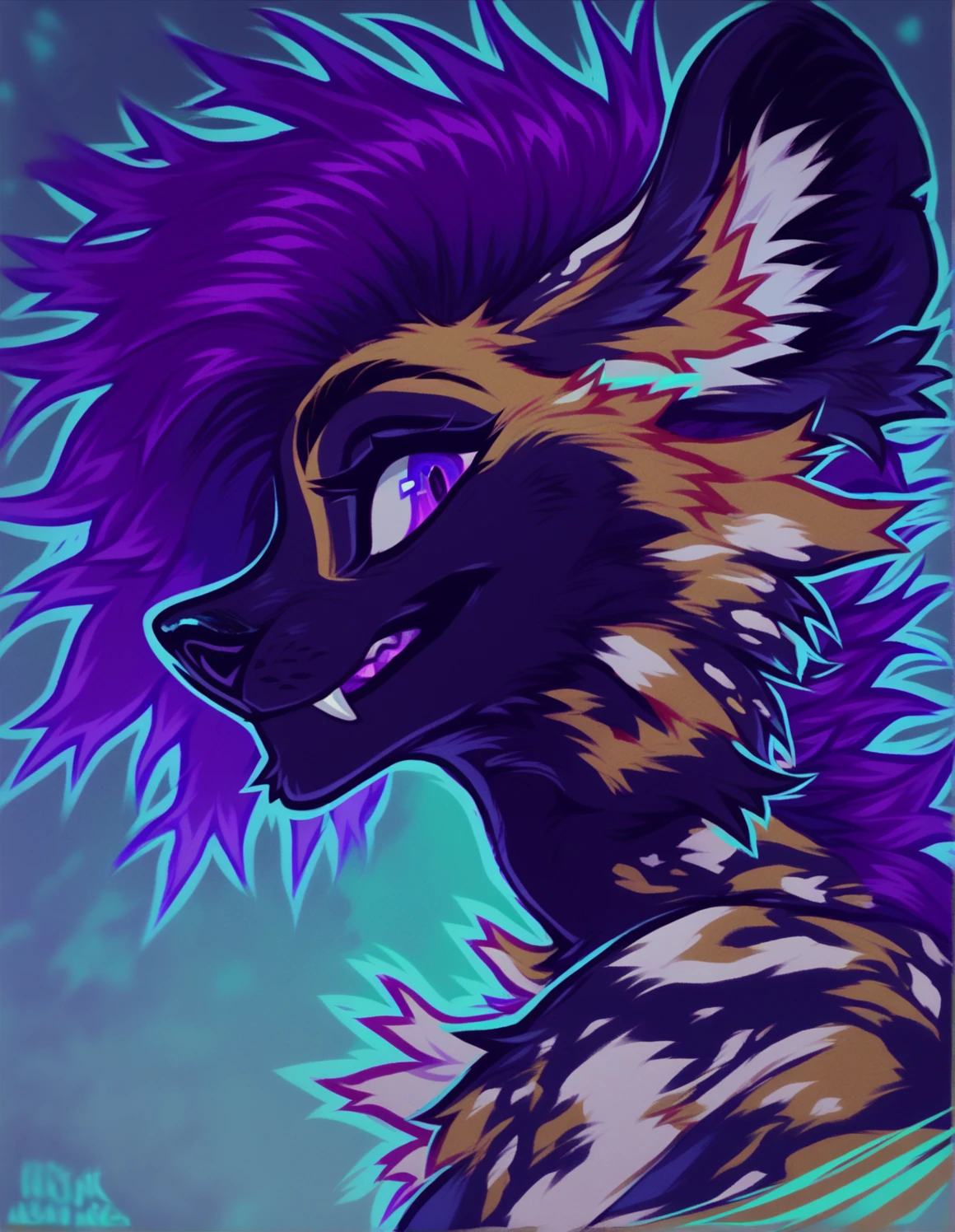 score_9, score_8_up, score_7_up, ferwildir, 
profile, african wild dog, vibrant, furry, red, purple, looking at viewer, 
 <lora:Ferwildir_2024-12-19_12-52-42-save-4071-59-0:1>