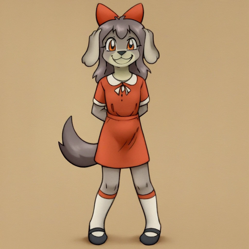 score_9, score_8_up, score_7, score_6, source_furry, Biske_Linu, solo, 1girl, anthro, female furry, dog, dog girl, mutt, brown fur, tan belly, tan muzzle, long ears, amber eyes, fluffy tail, slim body, red hair bow, red dress, tube socks, black Mary janes, full body, looking at viewer, standing, smiling, excited look, hands behind back, flower field setting,