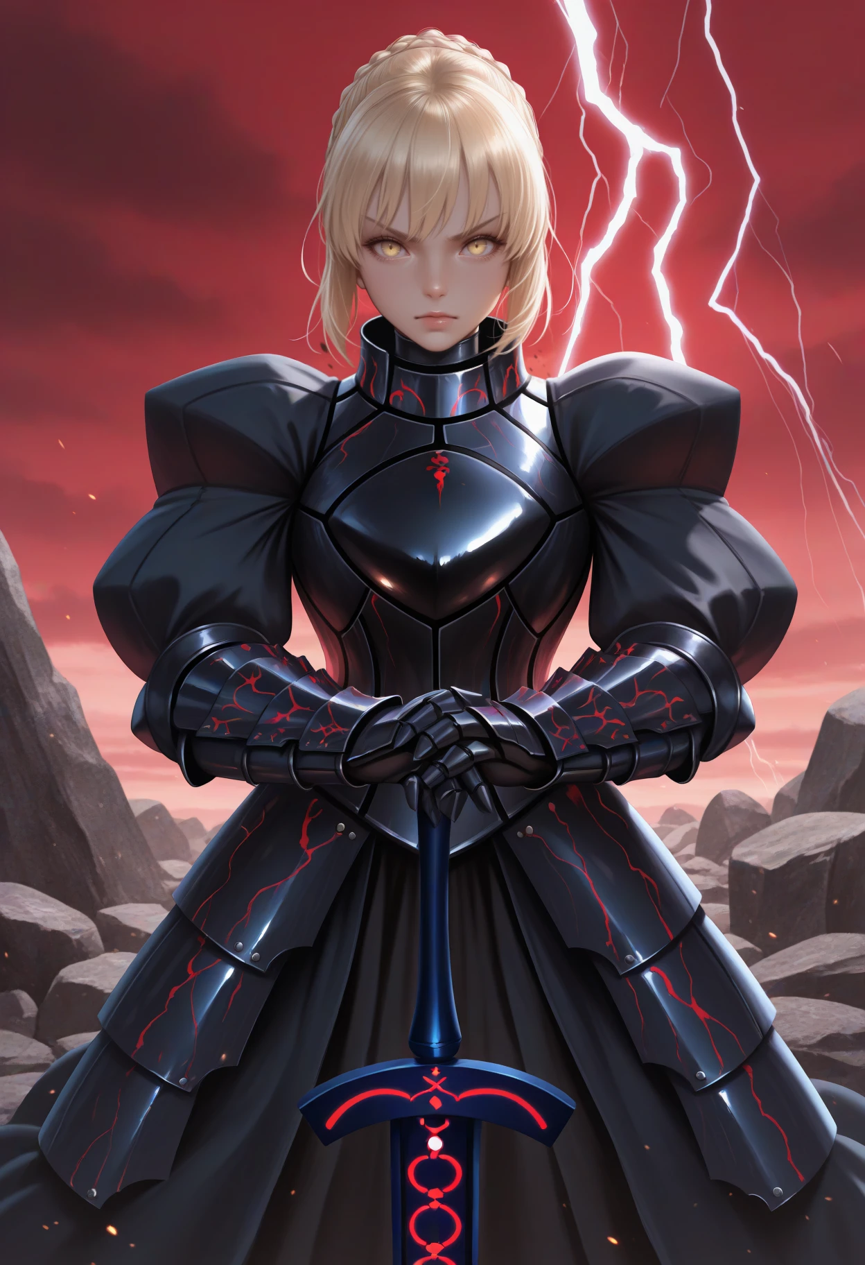 masterpiece, best quality, realistic, solo, 1girl, sbraltst2, looking at viewer, standing, hands on hilt, excalibur morgan \(fate\), short hair, blonde hair, single hair bun, french braid, yellow eyes, v-shaped eyebrows, black armor, black dress, armored dress, breastplate, puffy sleeves, gauntlets, faulds, outdoors, red sky, cloudy sky, lightning, rock
<segment:yolo-face_yolov8m.pt,0.4,0.5//cid=1>