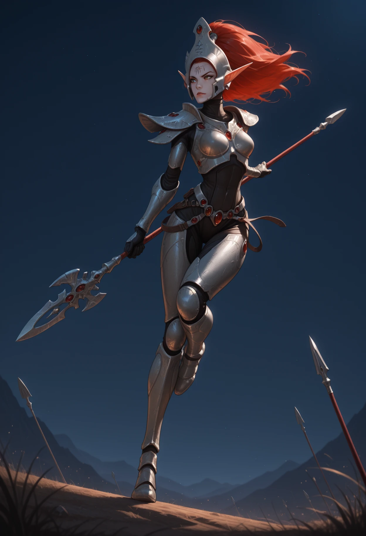 outdoors, eldar
1girl, solo, <lora:eldar-il:1> aeldari-il, armor, spear, dynamic pose, masterpiece, best quality, dark, night, night time, dim lighting