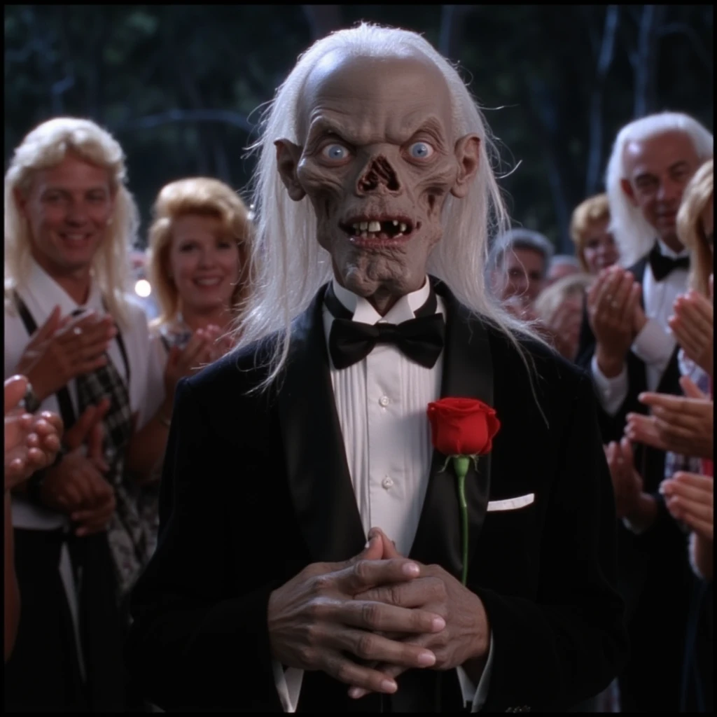 cinematic film still of  <lora:Cryptkeeper style v1:0.8>
Ghoul Mythical creature Cryptkeeper a man in a tuxedo and a crowd of people, looking at viewer, blue eyes, shirt, bow, jacket, white shirt, upper body, flower, white hair, male focus, multiple boys, solo focus, collared shirt, bowtie, black jacket, black bow, rose, facial hair, formal, own hands together, suit, red flower, beard, 6+boys, red rose, black bowtie, realistic, mustache, bald, old, old man, traditional bowtie, crowd, clapping, audience, realistic, realistic, realism, photorealism, hyperrealism, hyperrealistic, realistic, sharp, detailed, cinematography style, film light style, movie still, professional photography, artistic, perfection, contrast, cinematic, filmic, high quality photo, 8k quality, colorful, photography style, horror themed, Anthology Black comedy Dark fantasy Horror, tales from the crypt style, night time scene, shallow depth of field, vignette, highly detailed, high budget, bokeh, cinemascope, moody, epic, gorgeous, film grain, grainy