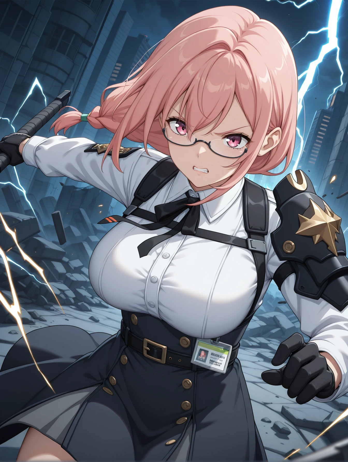 <lora:zzz-v6-illustrious:0.8>
yanagi, pink eyes, pink hair, semi-rimless eyewear, dress shirt, collared shirt, black neck ribbon, shoulder armor, underbust, belt, black gloves, id card, high-waist skirt 1girl, solo, swinging weapon, attack, electricity, clenched teeth, serious, city, rubble, lightning, cinematic lighting,
masterpiece, best quality, cinematic lighting