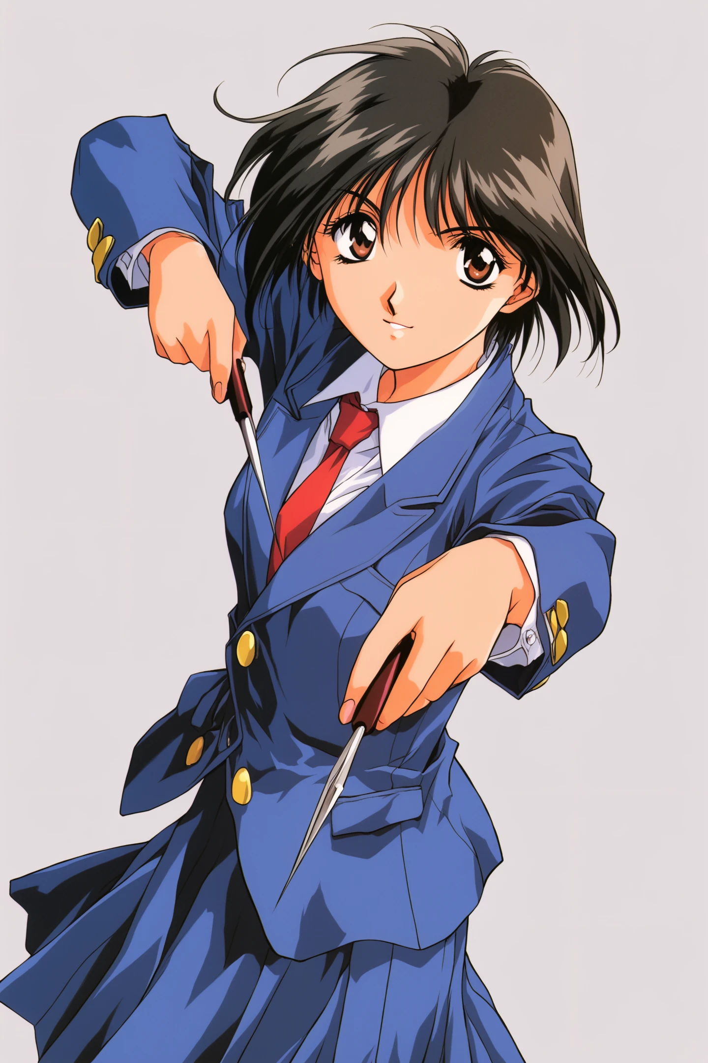 solo,blue skirt,1girl,jacket,necktie,shirt,simple background,black hair,short hair,brown eyes,long sleeves,white background,looking at viewer,blue jacket,school uniform,red necktie,dart,holding,
<lora:Yuuya Kusaka_illustriousXL:0.8>,