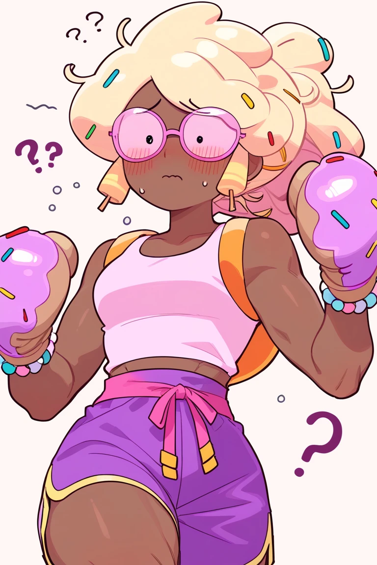 Score_9, Score_8_up, Score_7_up ,smrosa  ,1 girl , blonde_hair , ,   ponytail , puffy hair ,  dark-skinned female , pink eyewear ,pink top , tank top , purple shorts  ,waist tie , bracelet ,simple background ,   ,looking at viewer ,Sprinkle Hair Decoration , boxing gloves,orenji ,blush , nervous , confused , ???