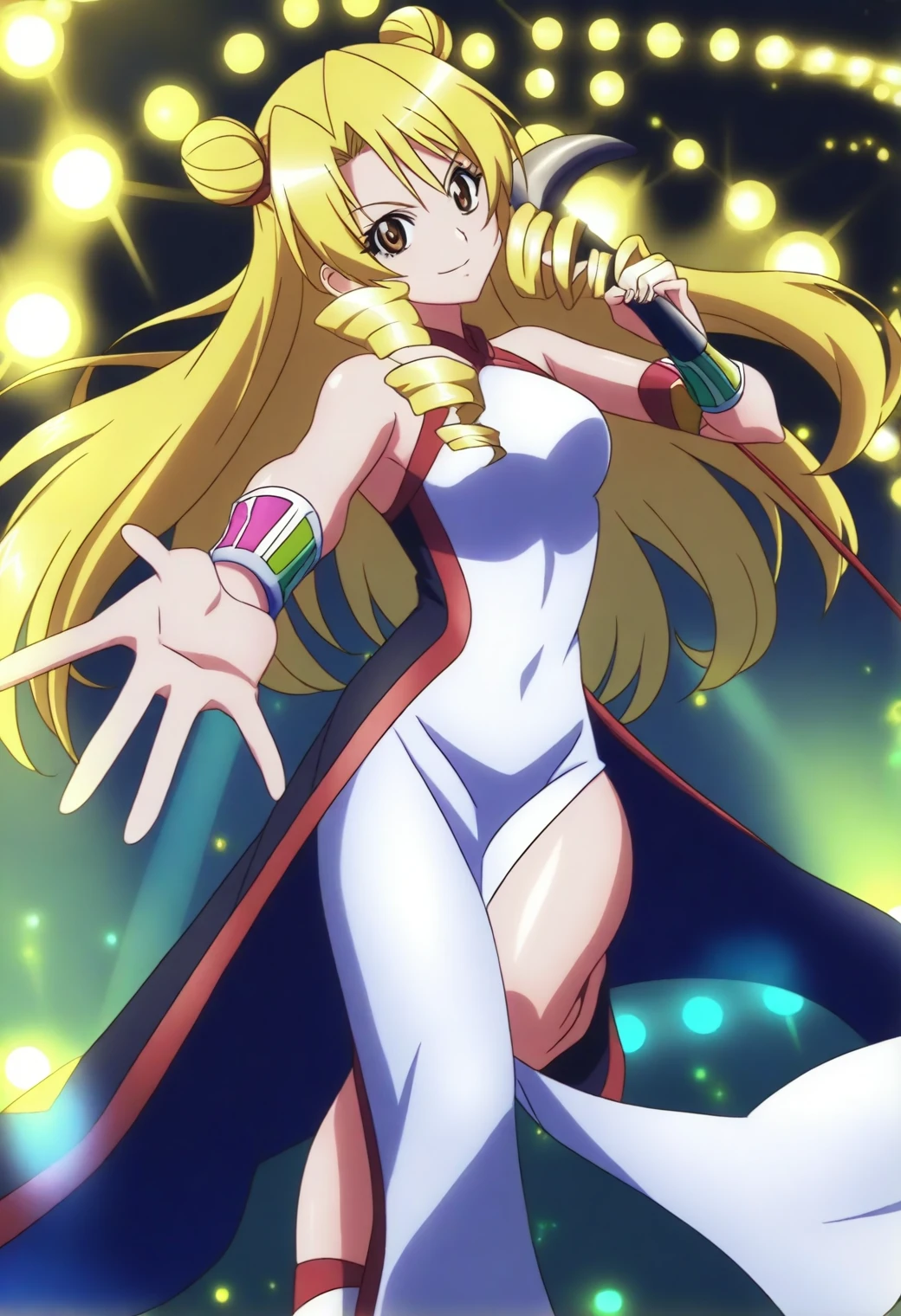 <lora:Saki Tenjouin - [To Love Ru] - illustriousXL v1:1>, sysdeep_saki, long hair, gold hair, twin drills, brown eyes, solo, bold eyeliner, dim club, confident dance, colorful lights