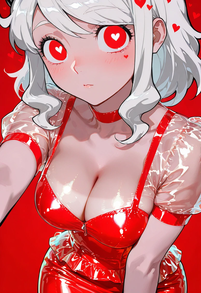 1girl,solo,looking at viewer,ikeda ruriko, mc latex dress, striped, red dress, see-through, cleavage,modeus_(helltaker),white hair, heart