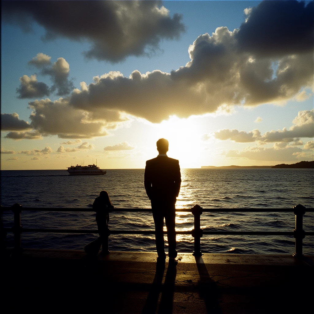 cinematic film still of  <lora:1990's style Dark City v1:0.8>
In 1990's In the 90's  neo-noir science fiction film a silhouetted man standing on a pier looking out at the ocean, 1boy, outdoors, sky, cloud, water, ocean, scenery, sunset, railing, horizon, silhouette, watercraft, bridge, horror movie themed, sharp, detailed, epic cinematic photography, artistic, dramatic light, cinematic color style, Kodak film style, dark city style, cloudy sky, sun, shallow depth of field, vignette, highly detailed, high budget, bokeh, cinemascope, moody, epic, gorgeous, film grain, grainy