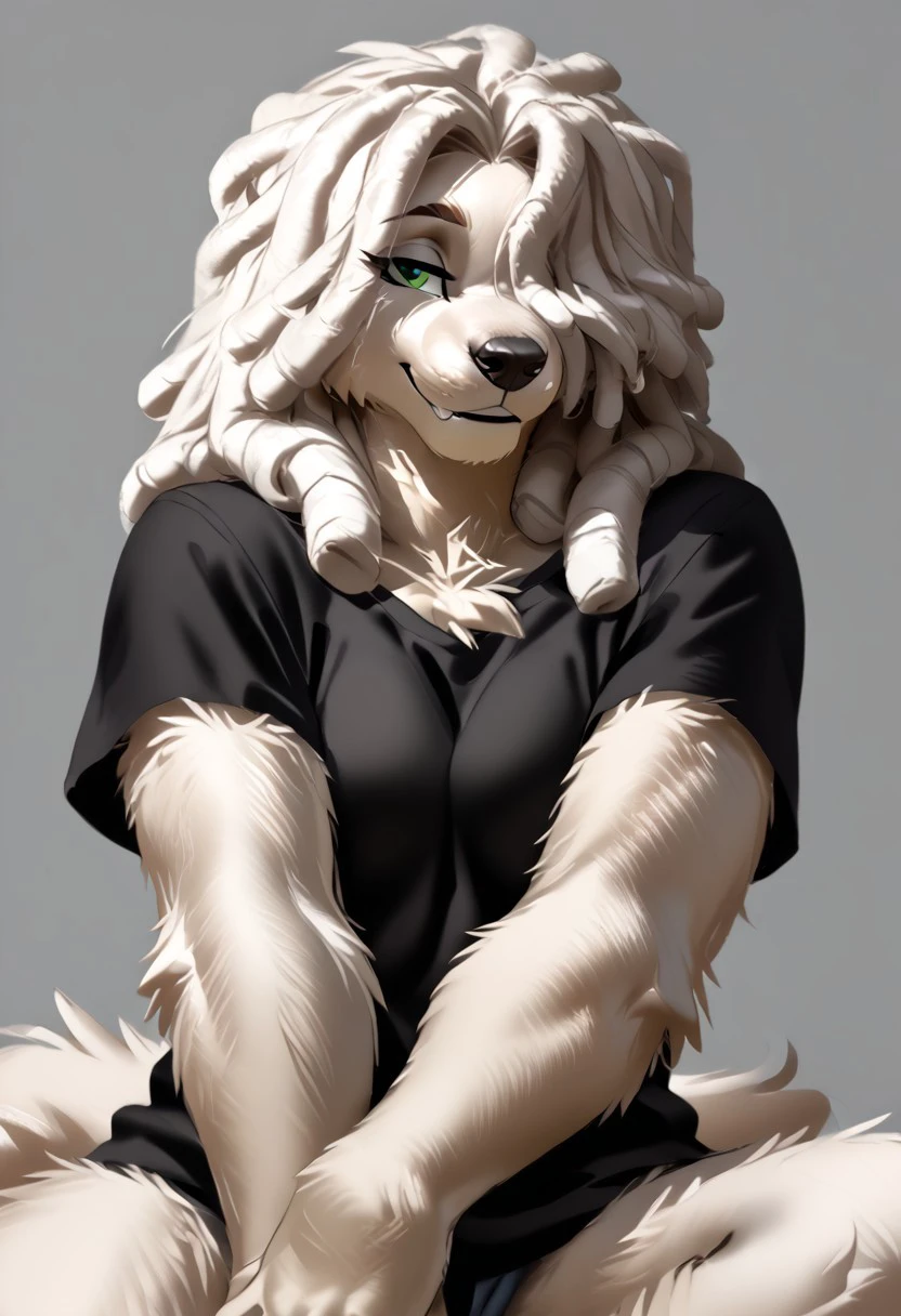 score_9, score_8_up, score_7_up, (by zummeng:1.5), (by jailbird:1.5), (by kittydee:1.5), masterpiece, best quality, (solo), 
(Furry Art : Anthro : komondor:1.5), 1girl, expressive eyes, feminine eyes, perfect face, feminine face, (white hair), (dreadlocks:1.5), feminine body, (medium breasts), dog, canine, hungarian sheepdog, (corded fur:1.5), (dreadlock fur:1.5), (long fur:1.5), (white fur), (hair covering one eye:1.5), (black t-shirt:1.5), (green eyes),