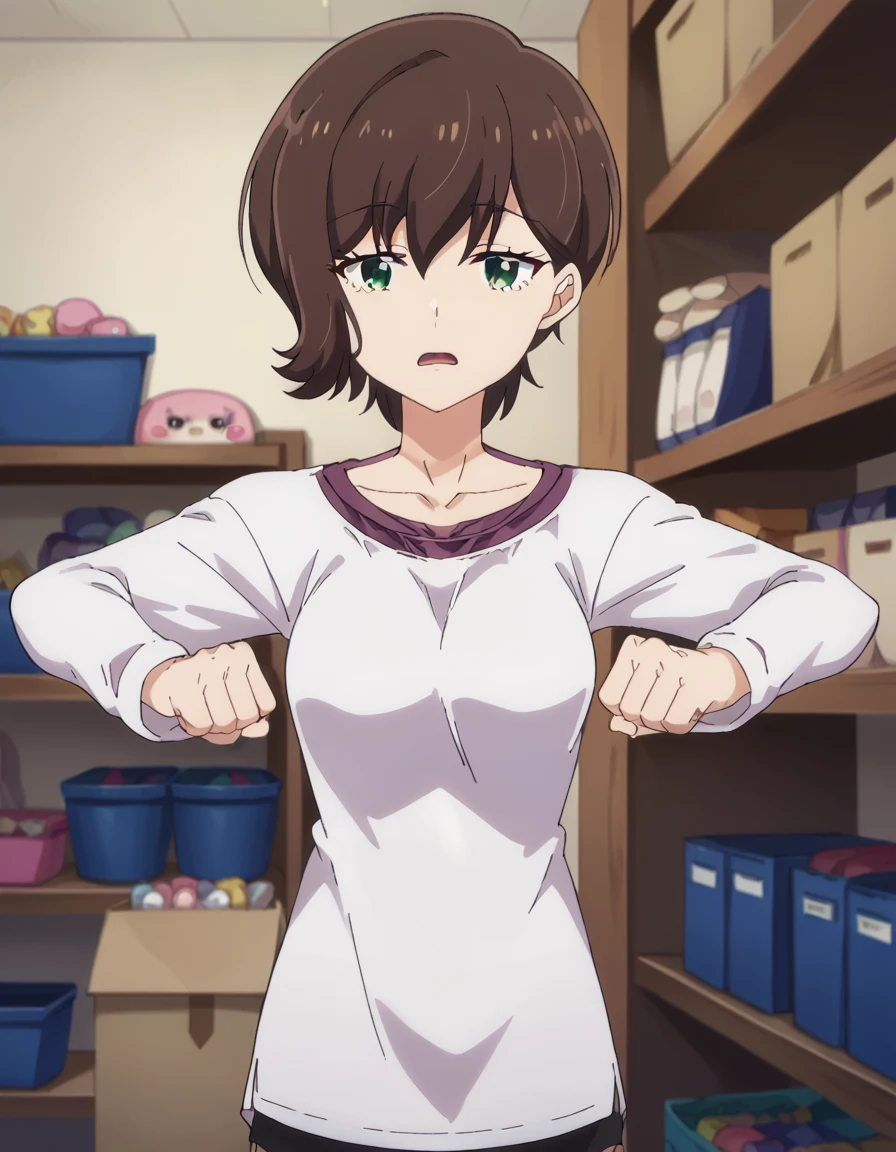 score_9, score_8_up, score_7_up, source_anime, <lora:kekkonsuru-kaori-s1-ponyxl-lora-nochekaiser:1>, kaori, short hair, brown hair, green eyes, medium breasts, anime screencap,, shirt, long sleeves, collarbone, white shirt, shorts,, warehouse, storage, shelves, boxes, large, , <lora:mochi-mochi-ponyxl-lora-nochekaiser:1>, mochi mochi dance, clenched hands, hands up,, looking at viewer, solo,, dutch angle, cowboy shot