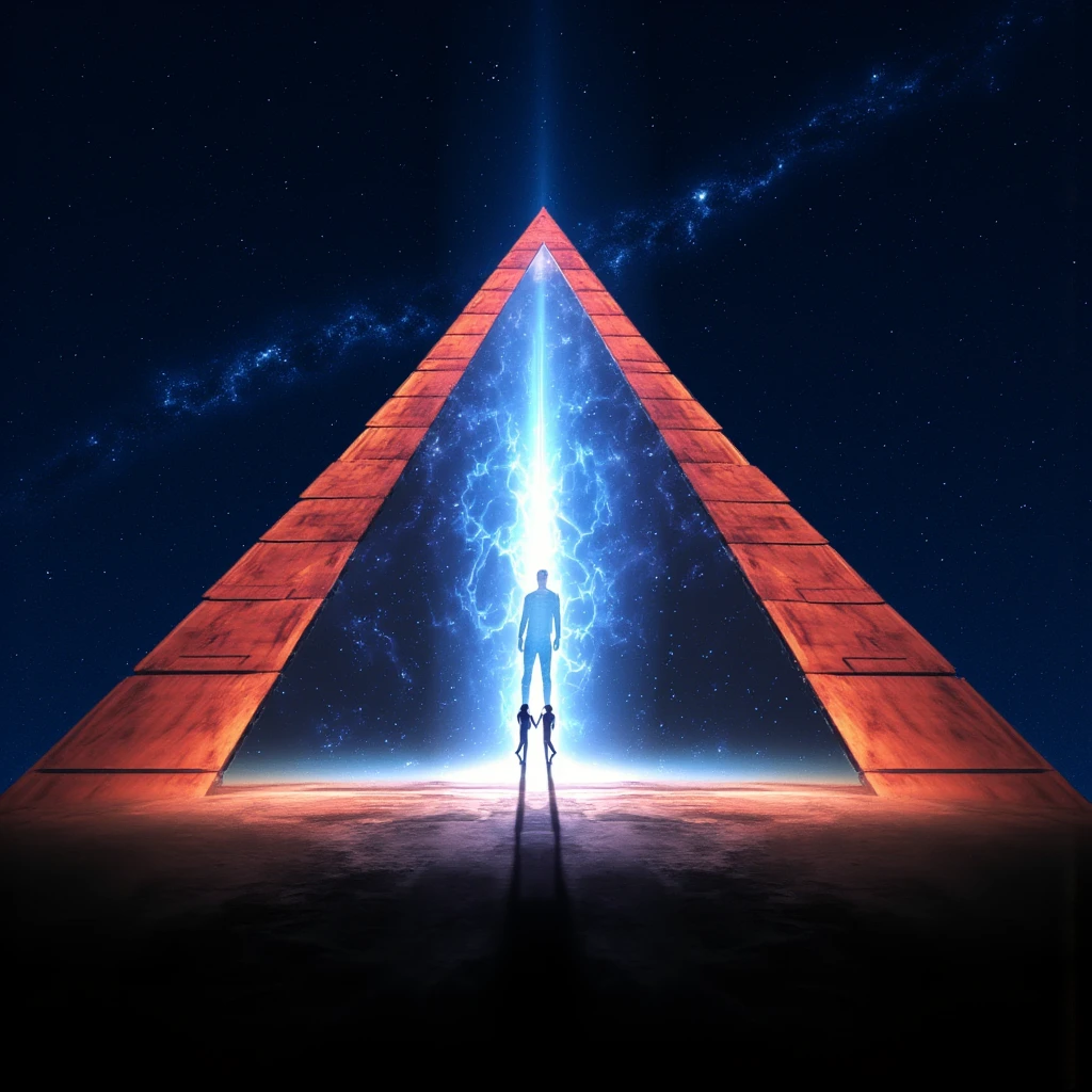 Hyperrealistic art of  <lora:science fiction star gate style v1:0.9>
In an ancient Egypt-like world a couple of people standing in front of a pyramid with a portal, action, military, science fiction, movie themed, sharp, detailed, epic cinematic photography, artistic, dramatic light, cinematic color style, Kodak film style, Stargate style, 1boy, standing, male focus, sky, from behind, star (sky), scenery, starry sky, silhouette, ikari shinji, 1girl, night, holding hands, night sky, Extremely high-resolution details, photographic, realism pushed to extreme, fine texture, incredibly lifelike