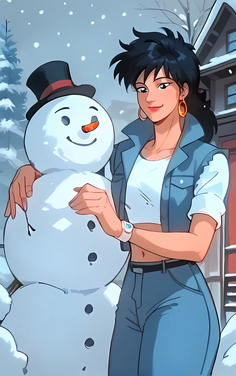 1girl, sl1c3d1c3, 1girl, sleeveless denim vest, short sleeve white crop top, hoop earrings, jeans, midriff, navel, wristwatch, red lips, smile, sn0wm4n, snowman, top hat, winter village scene, snowing, <lora:Sliced_Ice_-_Skysurfer_Strike_Force_v1:0.9>, <lora:build_a_snowman_concept_v1:0.9>, score_9, score_8_up, score_7_up, score_6_up, score_5_up, score_4_up,