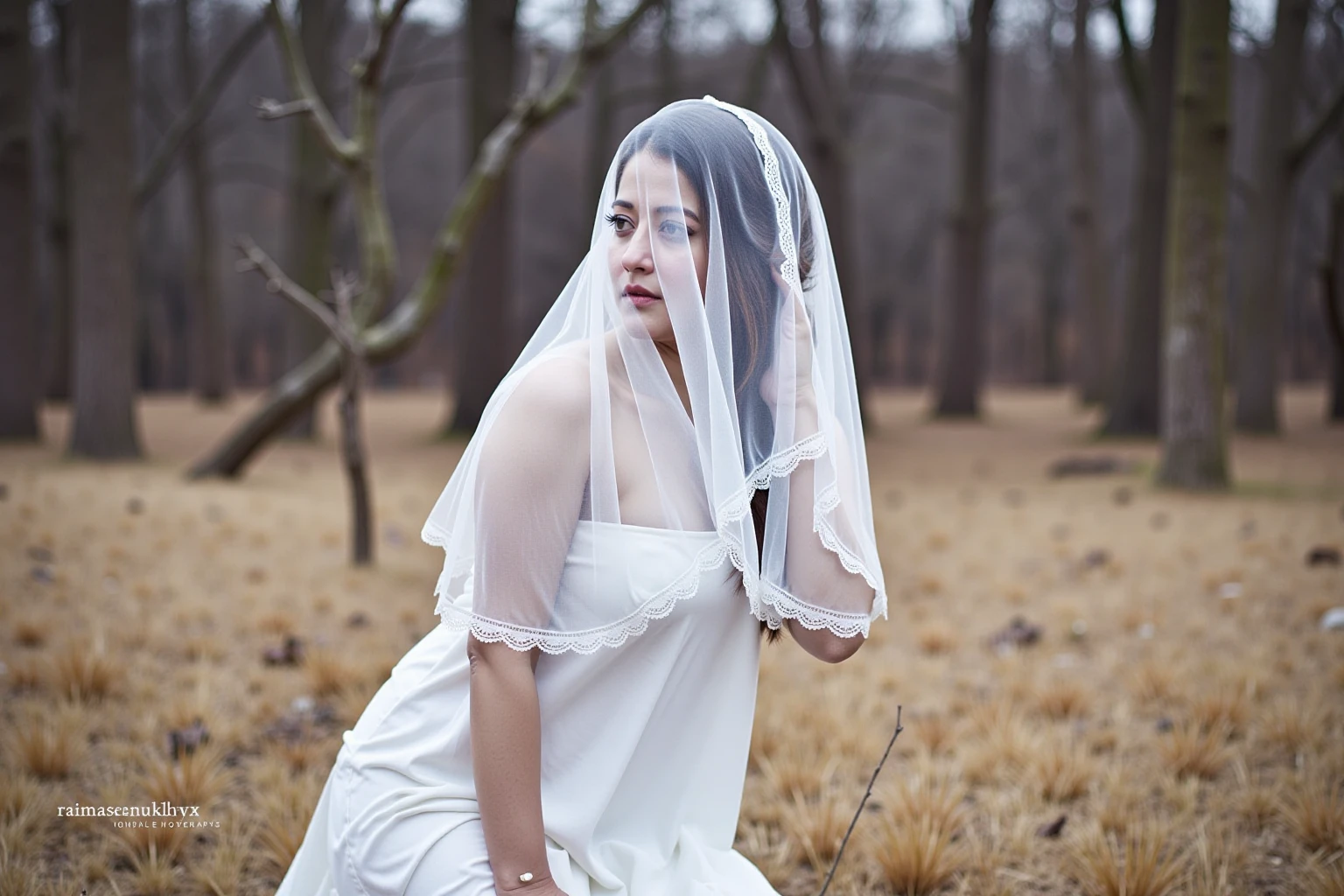 raimasenukohwx  wears a sheer, white, flowing veil draped over her shoulders and head, obscuring parts of her face and figure. The veil is translucent and light. A simple, white, loose-fitting dress or blouse is visible beneath. The dress/blouse has a delicate lace trim.  Subtle, natural makeup.  She has a thoughtful, melancholic expression, and gazes slightly to her right side.  Her posture is contemplative and slightly hunched.  She is positioned in a field or forest with the soft, golden-beige tones of dying grass or fall leaves.  Bare branches of deciduous trees and a blurred background of the forest canopy are visible behind her. The setting is evocative of an autumn or winter forest. The overall color palette is muted.  Pale lavender-purple shadows and light-gray tones are spread over the scene, creating a somber, dreamy atmosphere. Soft, diffused light caresses the scene, suggesting a cloudy day or dusk. The veil's texture contrasts with the smooth skin and muted tone of the image.  Camera angle is slightly elevated, focusing on the subject from the shoulders upward, giving a sense of melancholy.   Soft-focus style with a gentle filter effect.  Moody, ethereal, gothic atmosphere.  Fairy tale, dreamlike quality.
