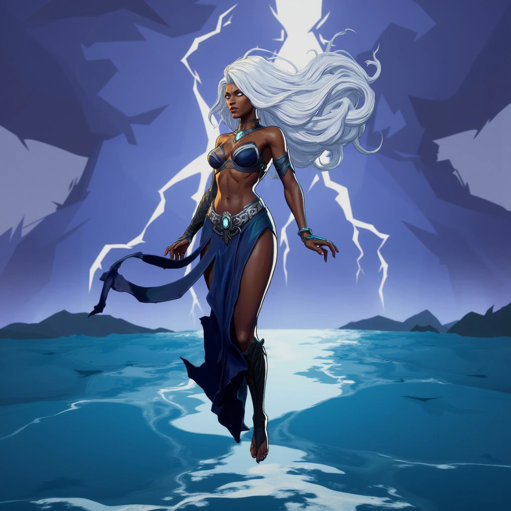 Illustration in style of MarvelRivalsStyle-Flux.V1 of Dark skinned African woman with blank white eyes, and long white hair, floating in air above the ocean with thunderstrom in the background