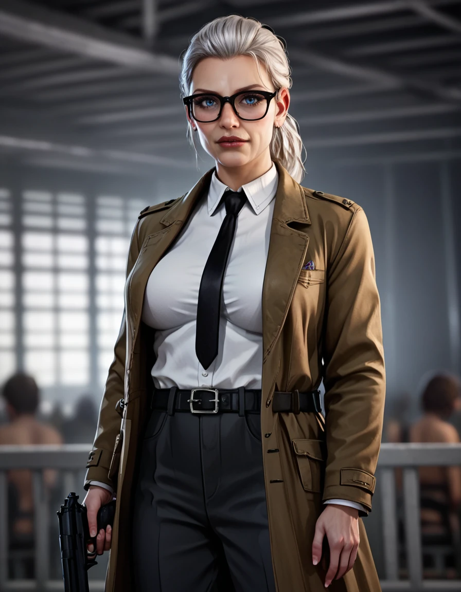 score_9, score_8_up, score_7_up, score_6_up, score_5_up, score_4_up cinematic film still PonyXLV6_Scores, NEGATIVE_HANDS, fixl-art ,detailed,   <lora:Commissioner_Gordon:0.8>solo, white hair, ponytail, black-framed eyewear, indoors, gun, belt, old woman, black necktie, blue eyes, khaki coat, collared shirt, portrait, G0rd0n, 1girl, large breasts, source_cartoon, solo,  . shallow depth of field, vignette, highly detailed, high budget, bokeh, cinemascope, moody, epic, gorgeous, film grain, grainy