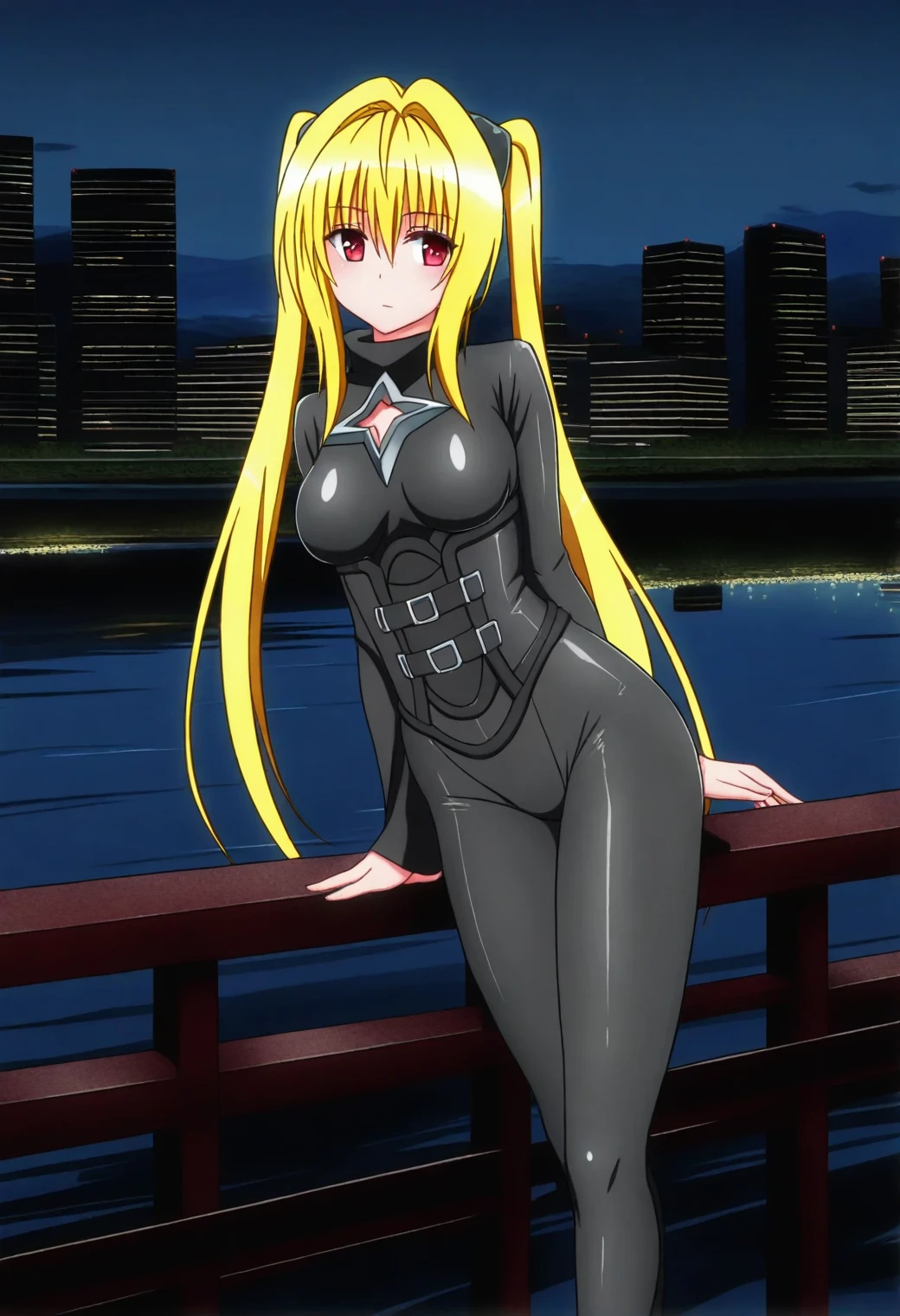 <lora:Konjiki no Yami - [To Love Ru] - illustriousXL v1:1>, sysdeep_yami, blonde hair, red eyes, twintails, long hair, solo, City boardwalk, tight outfit, leaning on railing, overlooking river