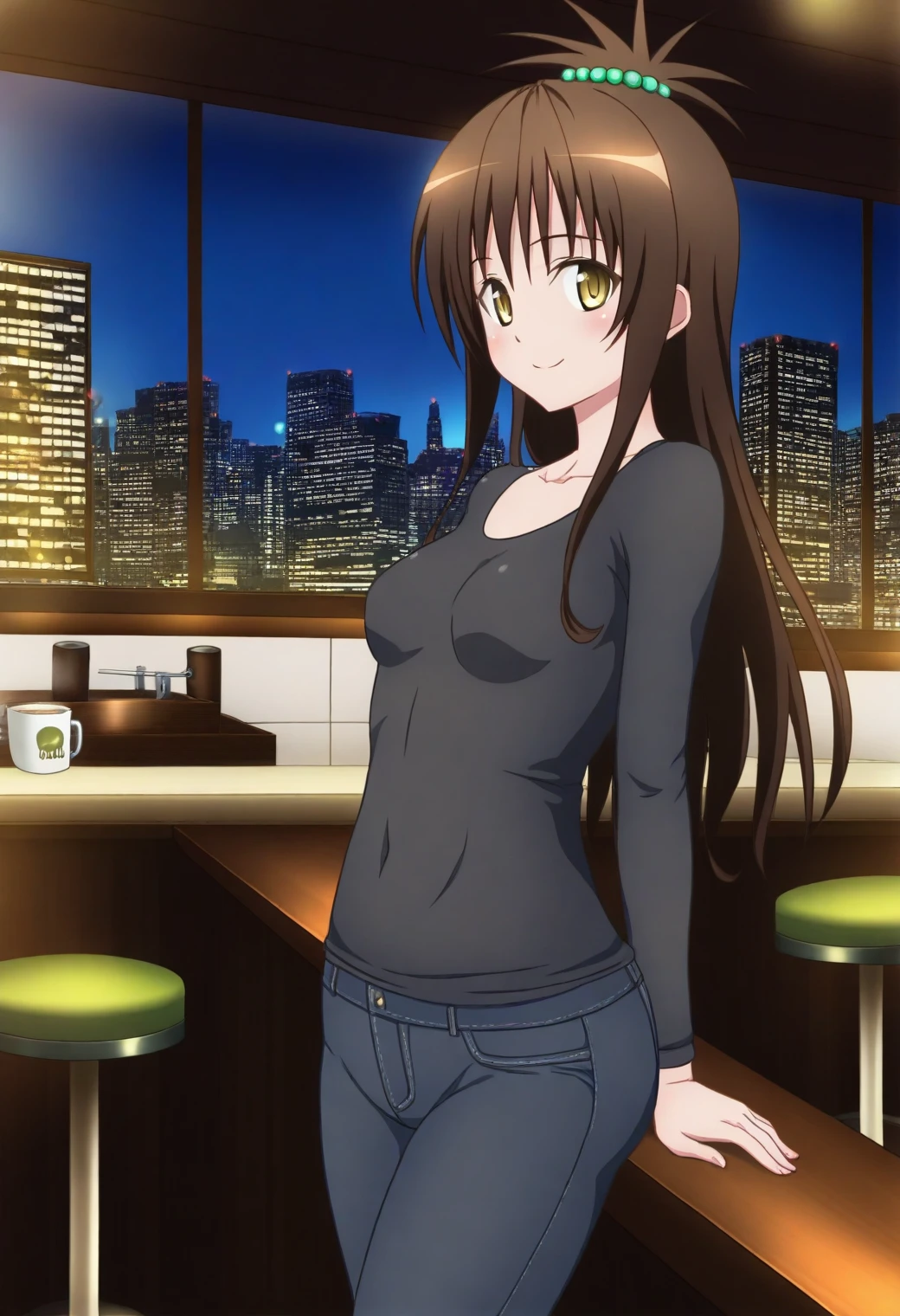 <lora:Mikan Yuuki - [To Love Ru] - illustriousXL v1:1>, sysdeep_mikan, borwn hair, yellow eyes, solo, City cafe at night, tight blouse, leaning on bar counter, mysterious smile