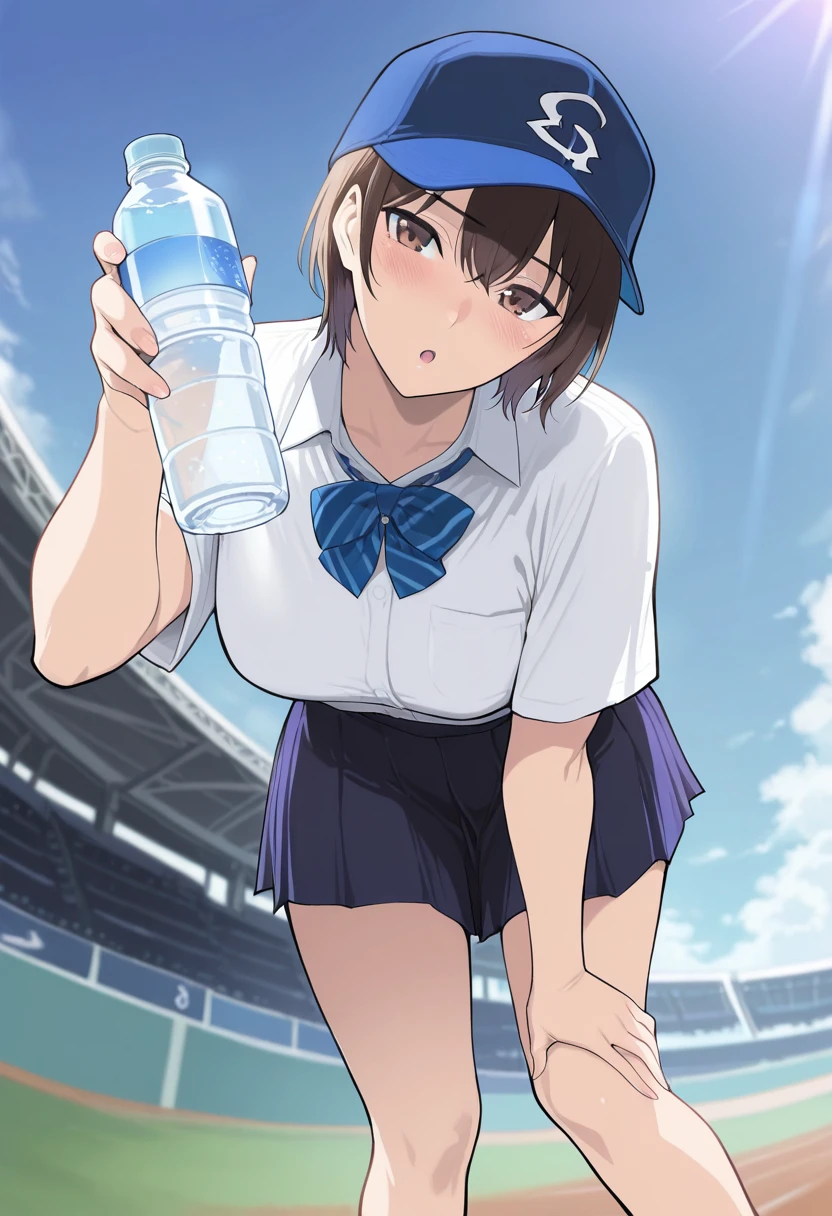 masterpiece, best quality,highres,newest,(ikuchan_kaoru:0.8),(tomu_\(tomubobu\):0.7),,1girl,segawa_natsuki,brown hair,short hair,brown eyes,white collared shirt,blue bow,blue pleated skirt,blue baseball cap,(giving a bottle of water to viewer:1.3),(girl holding a bottle of water:1.1),bent over,worried,head tilt,:o,hand on own knee,looking at viewer,blush,solo,(from below:1.4),baseball field,sunlight,<lora:segawa_natsuki-illusv2:0.9>