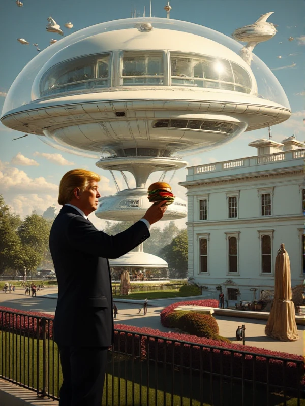 <lora:Retrofururism_Style:0.9> retrofururism style, scenery, science fiction, donald trump holds a burger in front of the white house, spaceship