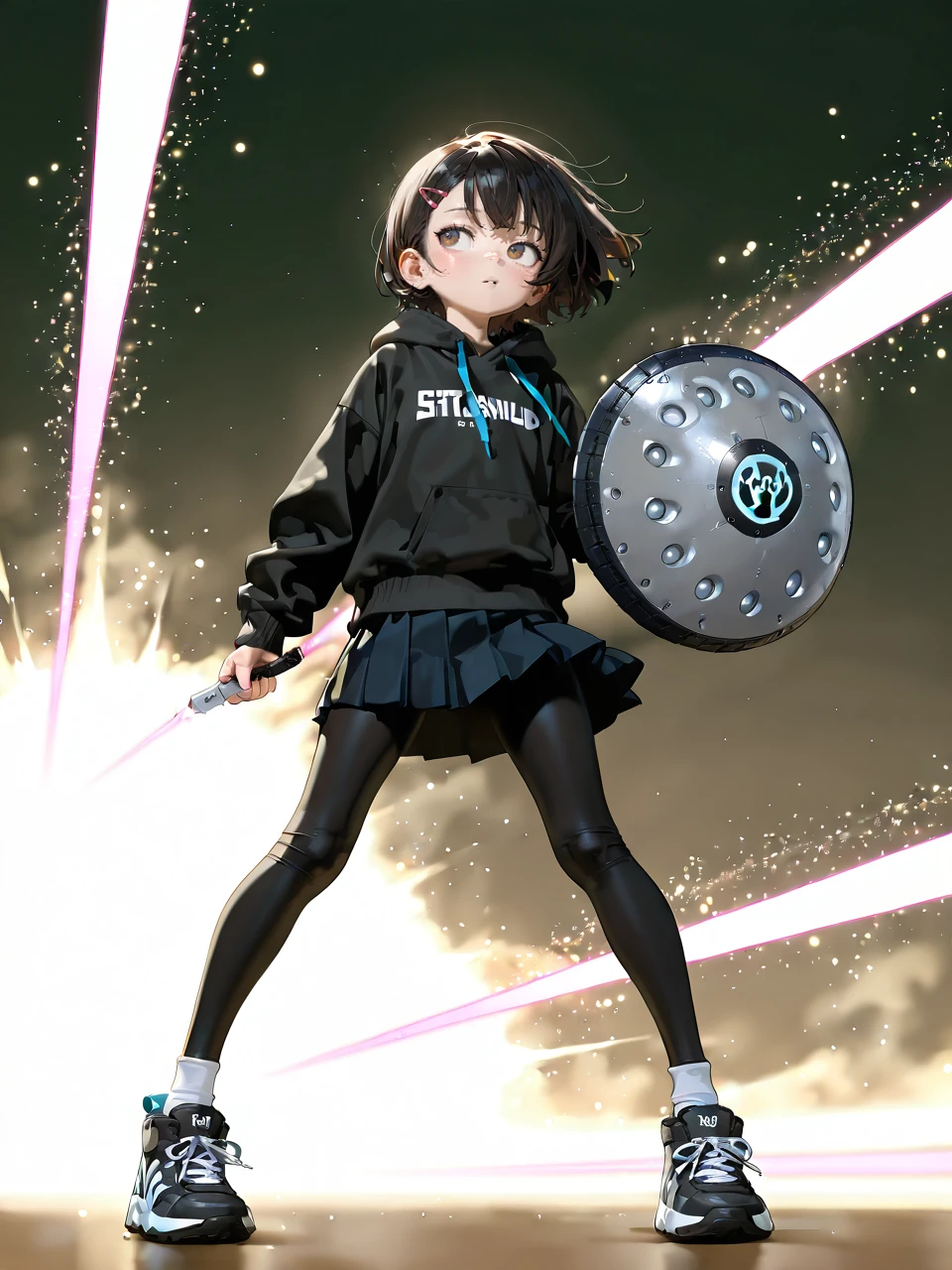 1girl, young girl, short hair, round face, down turned eyes, hair clip on front,
hood, leggings, skirt, socks, shoes, 
masterpiece, latest, best quality, very aesthetic, absurdres, (high resolution:1.1), detail, (best quality:1.1),
holding round shield, receiving beam attack, huge energy beam, endurance, power, reflecting beam on shield, 
flashing, strong laser beam, beam weapon, extremely high energy laser beam, light particles, receiving laser beam on shield, 
<lora:Gyan_Shield_Illustrious:1>, gyanshield,