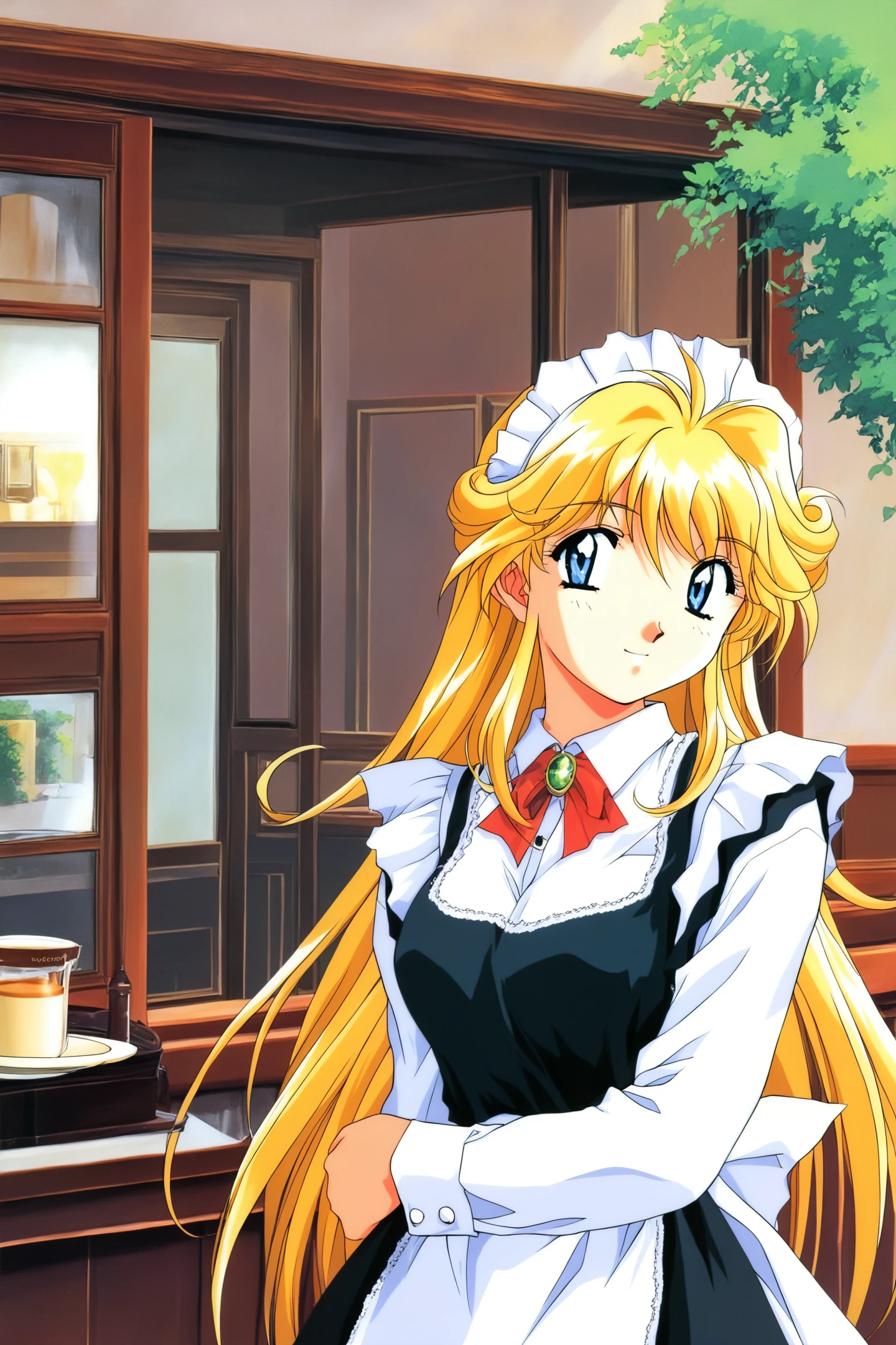 Cleao Everlasting,1girl,blonde hair,long hair,solo,blue eyes,white shirt,maid,black dress,coffee house,
<lora:Yuuya Kusaka_illustriousXL:0.8>,