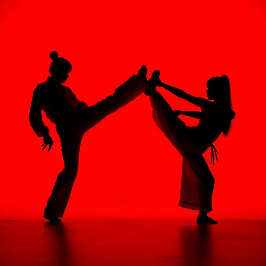 cinematic film still of  <lora:1990's style Kill Bill v1-step00001800:0.8>
In the 1990's Cinematic film image of two silhouetted people are doing a karate kick on a red background, 1girl, long hair, long sleeves, 1boy, standing, pants, red background, dancing, kicking, red theme, Kodak film grain, dramatic light, dramatic shadow light, contrast, saturated color, cinematic, filmic, motion picture, realistic, realism, perfection, perfect, deep focus, clean image, Kill Bill style, Kill Bill Film Style, monochrome, 2boys, hair bun, chinese clothes, standing on one leg, single hair bun, high kick, shallow depth of field, vignette, highly detailed, high budget, bokeh, cinemascope, moody, epic, gorgeous, film grain, grainy