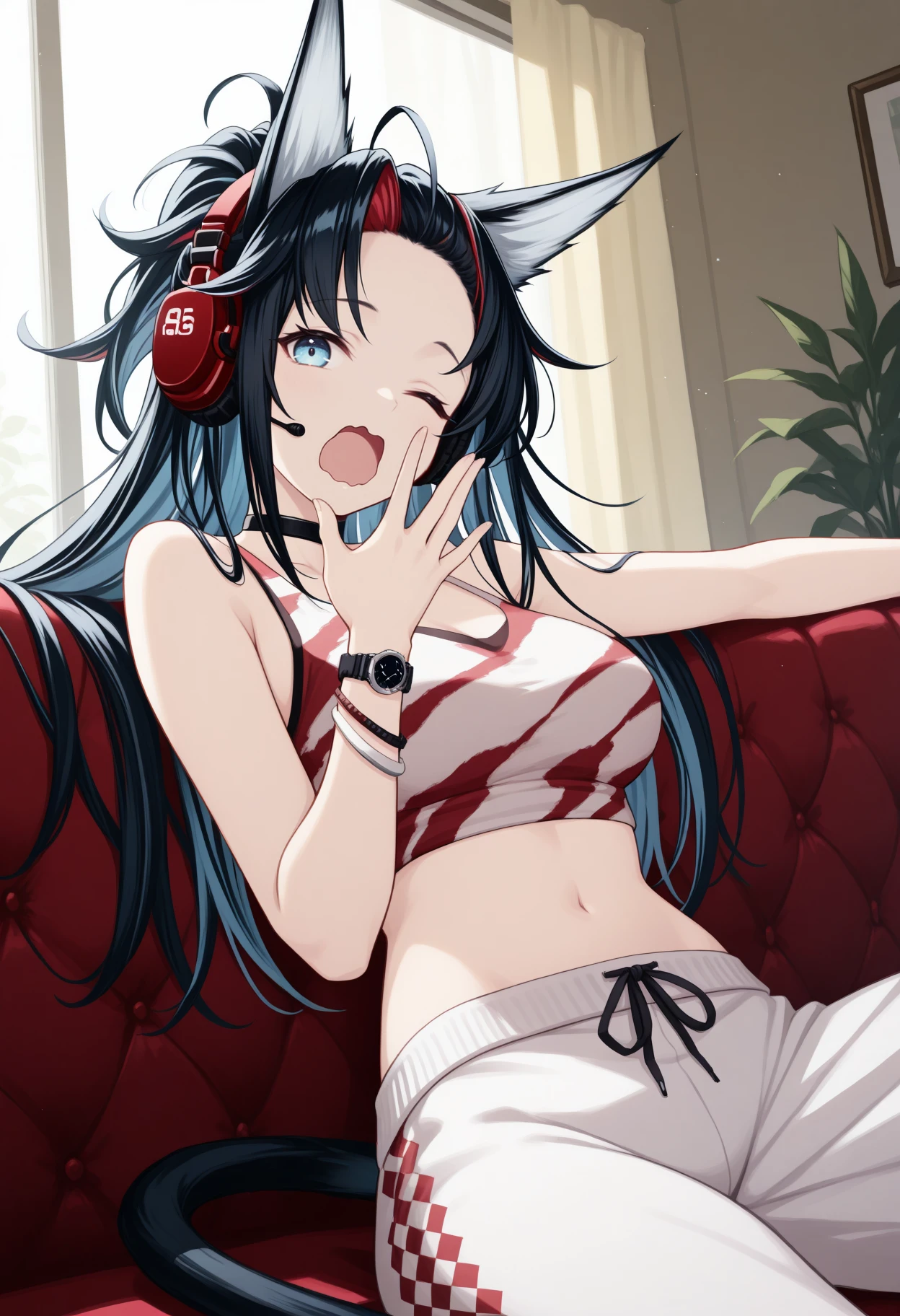 masterpiece, best quality, 1girl, solo, BlazeBrstFln, blue eyes, black hair, long hair, forehead, animal ears, tail, red headphones, black choker, two-tone shirt, sleeveless, red shirt, white shirt, midriff, bracelet, wristwatch, two-tone sweatpants, white pants, red pants, single pantsleg, sitting, indoors, on couch, lounging, yawning, open mouth, wavy mouth, one eyes closed, looking at viewer, <lora:ChamBlazeIllustriousXL:1>