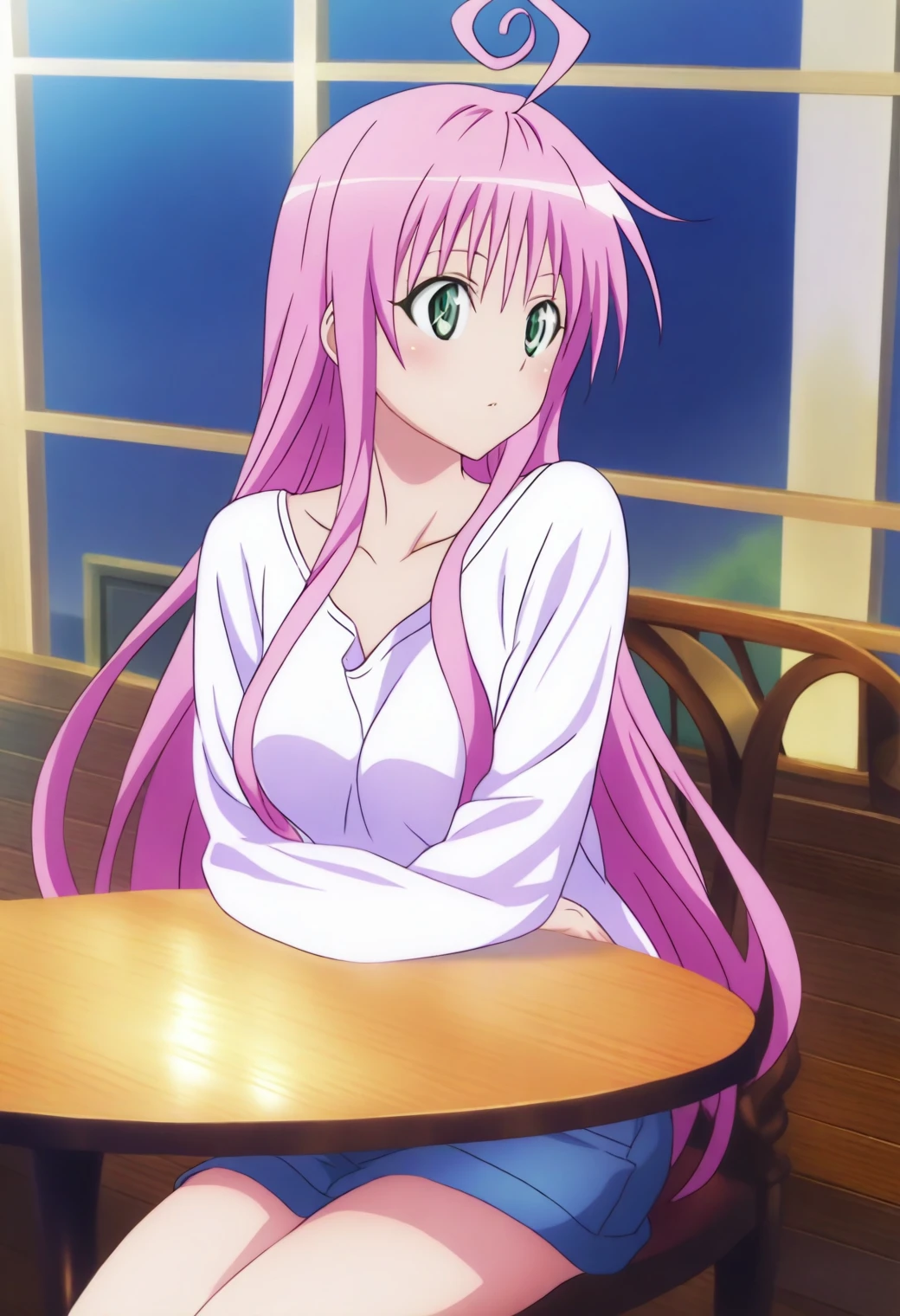 <lora:Lala Satalin Deviluke - [To Love Ru] - illustriousXL v1:1>, sysdeep_lala, solo, loose shirt, sitting in café, looking out rainy window, calm and nostalgic