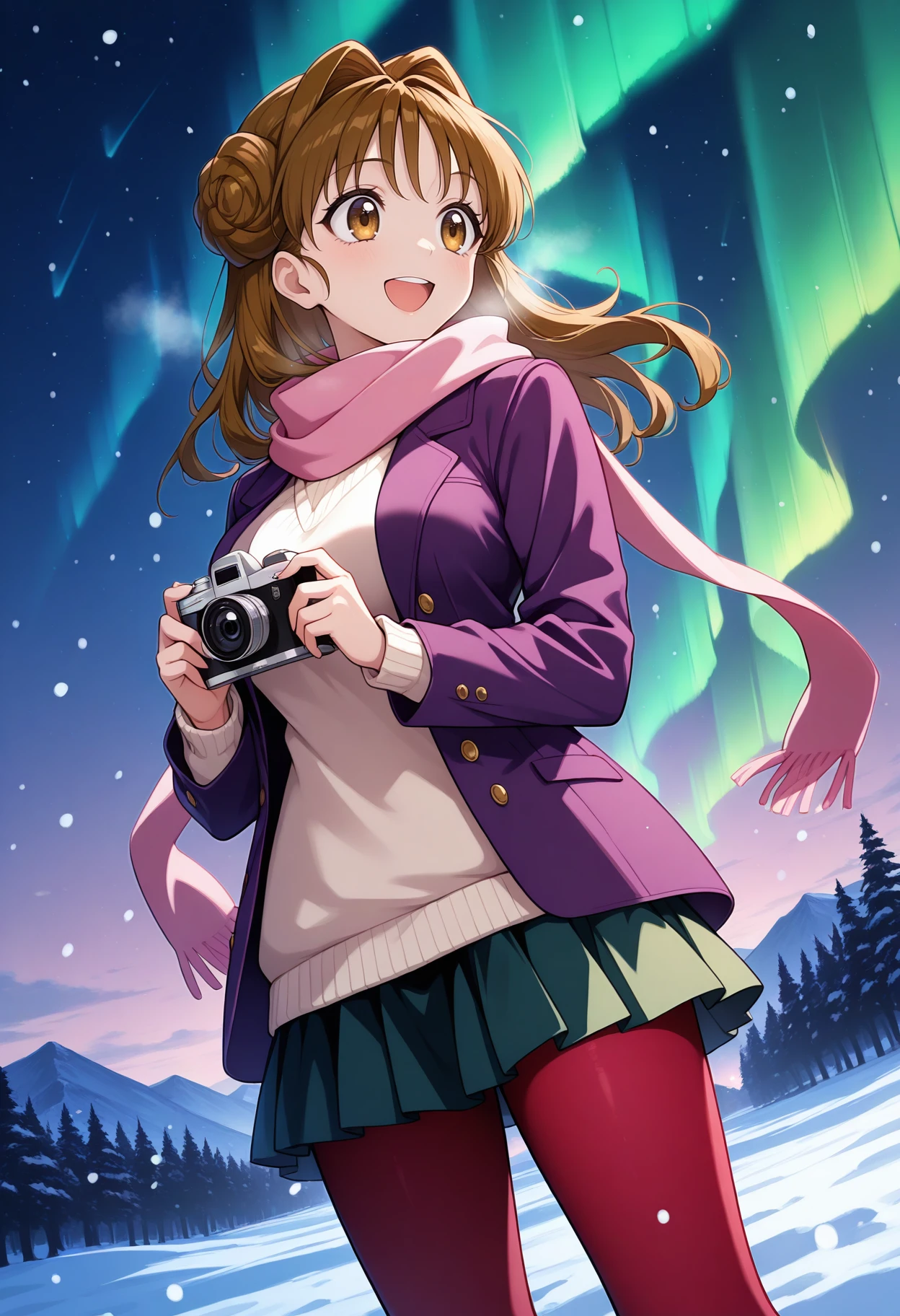 masterpiece,best quality, ,<lora:kmaron:1> kmaron, 1girl, solo, brown eyes, brown hair, double bun, hair intakes,
upper teeth only, looking away, standing, holding camera,pink scarf, purple jacket, open jacket, white sweater, red pantyhose, outdoors, night, starry sky, star (sky), aurora, snowing, smile,dutch angle,