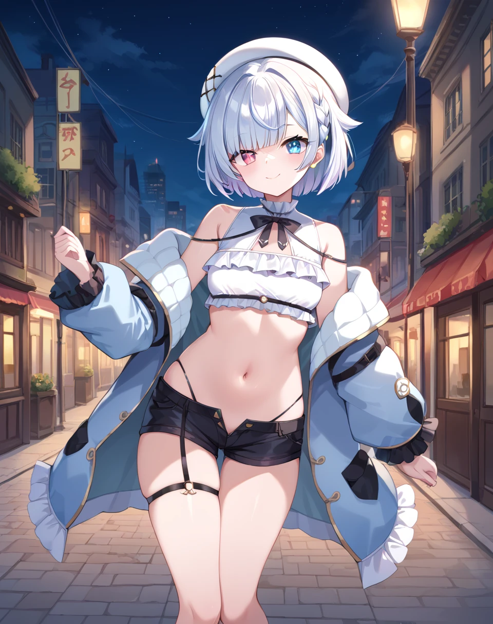 amemiya_nazuna, amemiya_nazuna_base, heterochromia, pink eye, blue eye, small breasts, short hair, white hair, braid, virtual youtuber, white headwear, vtuber clothes, white frilled top, sleeveless, black neck ribbon, black short shorts, fluffy jacket, open jacket, sleeves past wrists BREAK outdoors,city street, night BREAK sexy pose, looking at viewer, sexy face, sexy smile, cowboy shot, dynamic pose,  BREAK score_9, score_8_up, score_7_up, source_anime ,zPDXL,<lora:Amemiya_Nazuna:0.8>