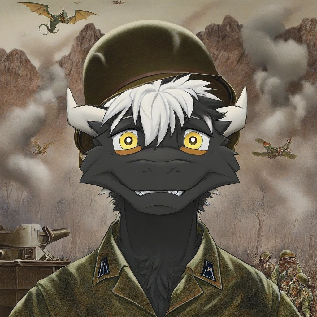 mikus-cooncept, military action in background, exhausted, shocked, looks at viewer, black fur, dragon, furry, white hair, white horns, yellow eyes