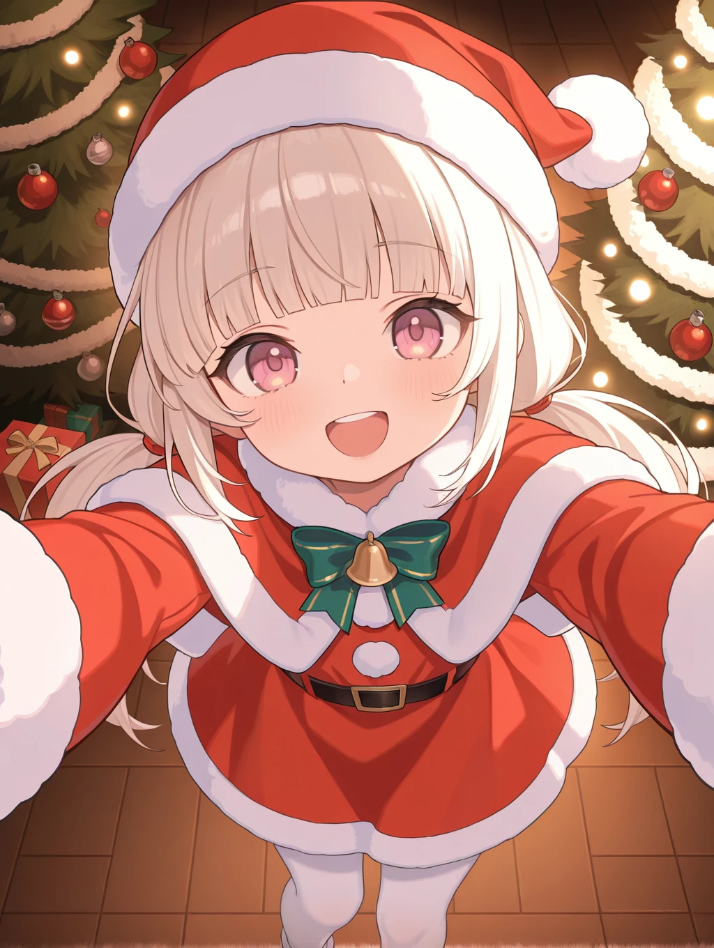 christmas_tree, 1girl, solo, cute face, blunt_bangs, low_twintails, dress, white pantyhose,santa_costume,santa_hat, soft lighting, pov, smile, :d ,from_above,
masterpiece,best quality,amazing quality,very aesthetic,absurdres,newest, volumetric lighting,