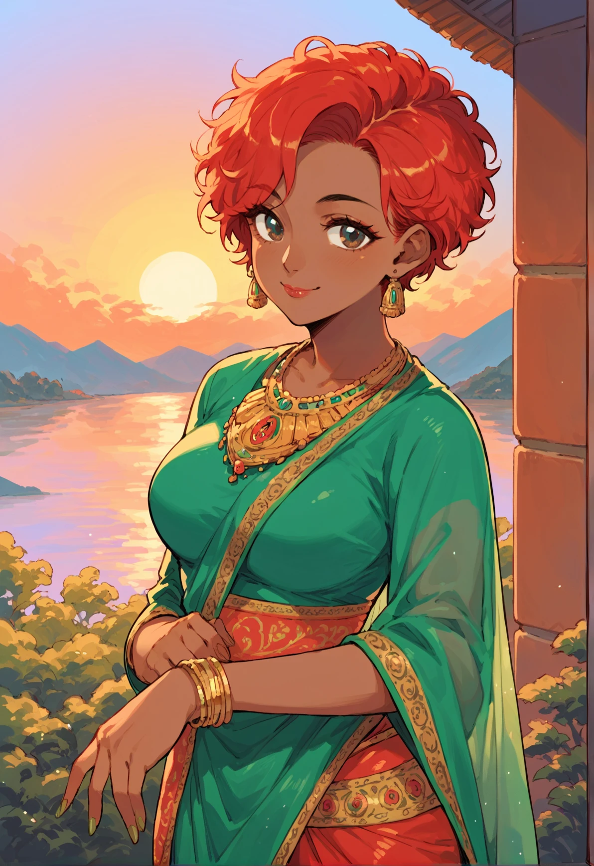 score_8_up, score_7_up, score_6_up, source_anime,1girl, solo, outdoors, sunset,
smile, Layered Pixie Cut, Indian red hair, green eyes, mature female, medium breasts, dark skin,
saree, green saree,indian clothes <lora:saree_pony(1):1>