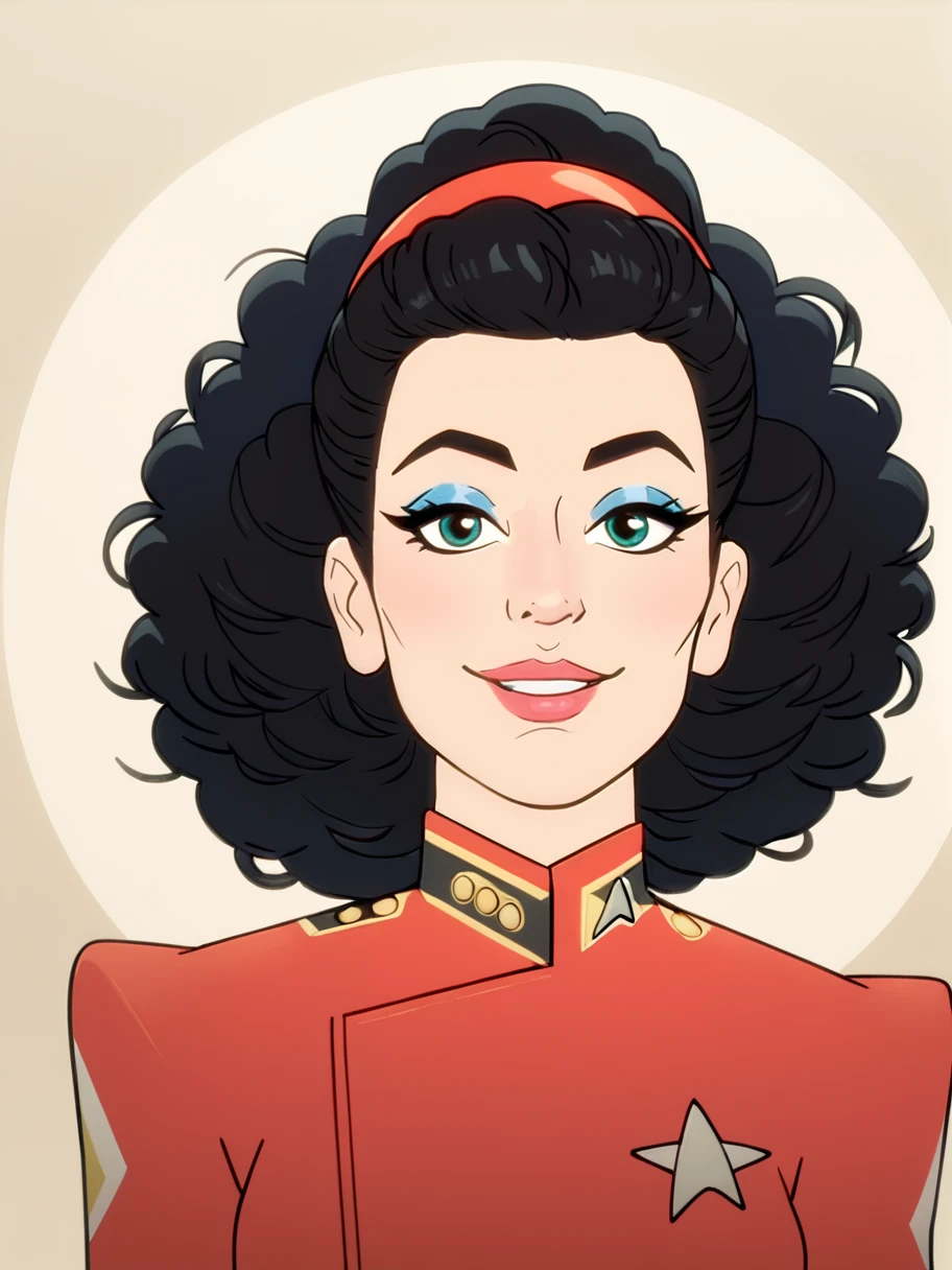 easynegative, zPDXL,  1girl, solo , cowboy shot, ,facing the viewer, happy, 
 <lora:Deanna_Troi_Comic_Pony:.5> troi, black hair, , curly hair, , lips, makeup
 <lora:StarTrekPony:1>  starfleet uniform